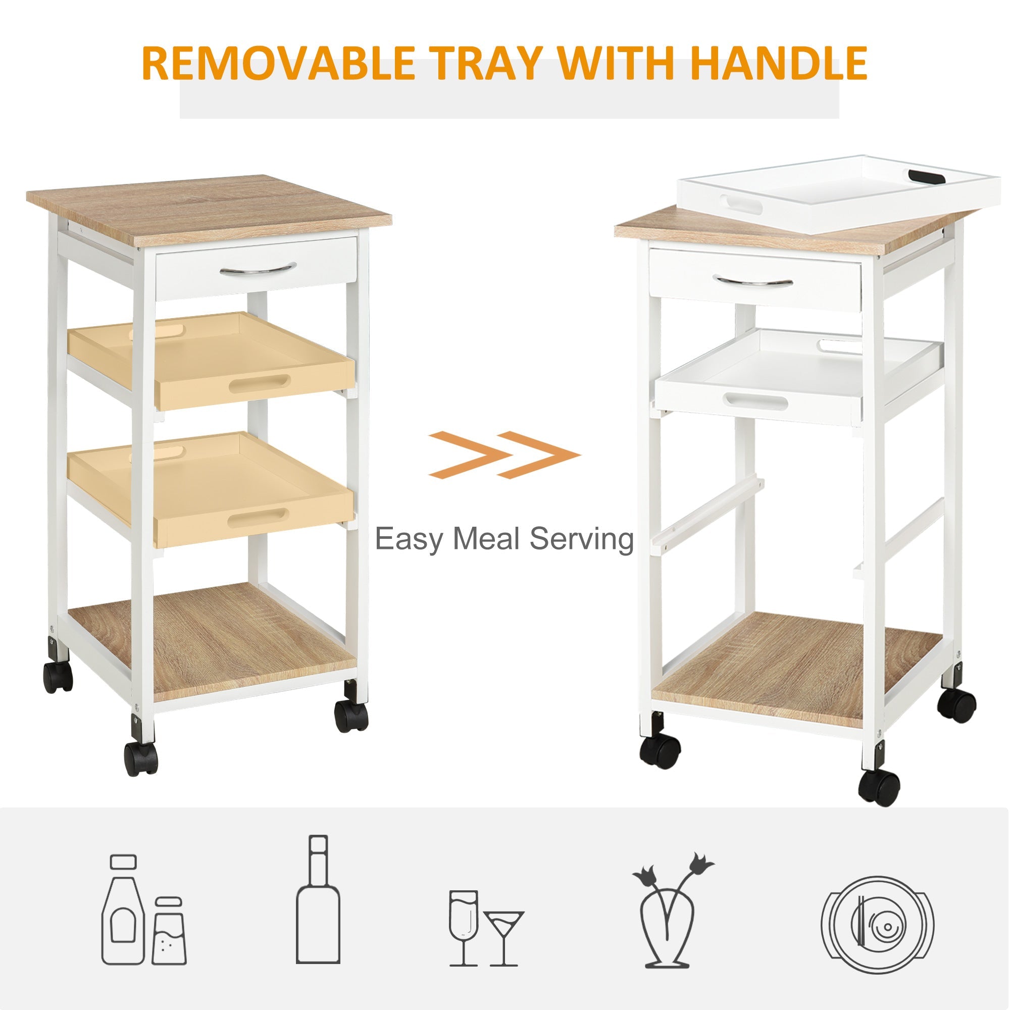 HOMCOM Culinary Caddy: 4-Tier Serving Trolley Kitchen Cart with Drawer, Pull Out Trays, Rolling Wheels for Dining Room, White Finish 