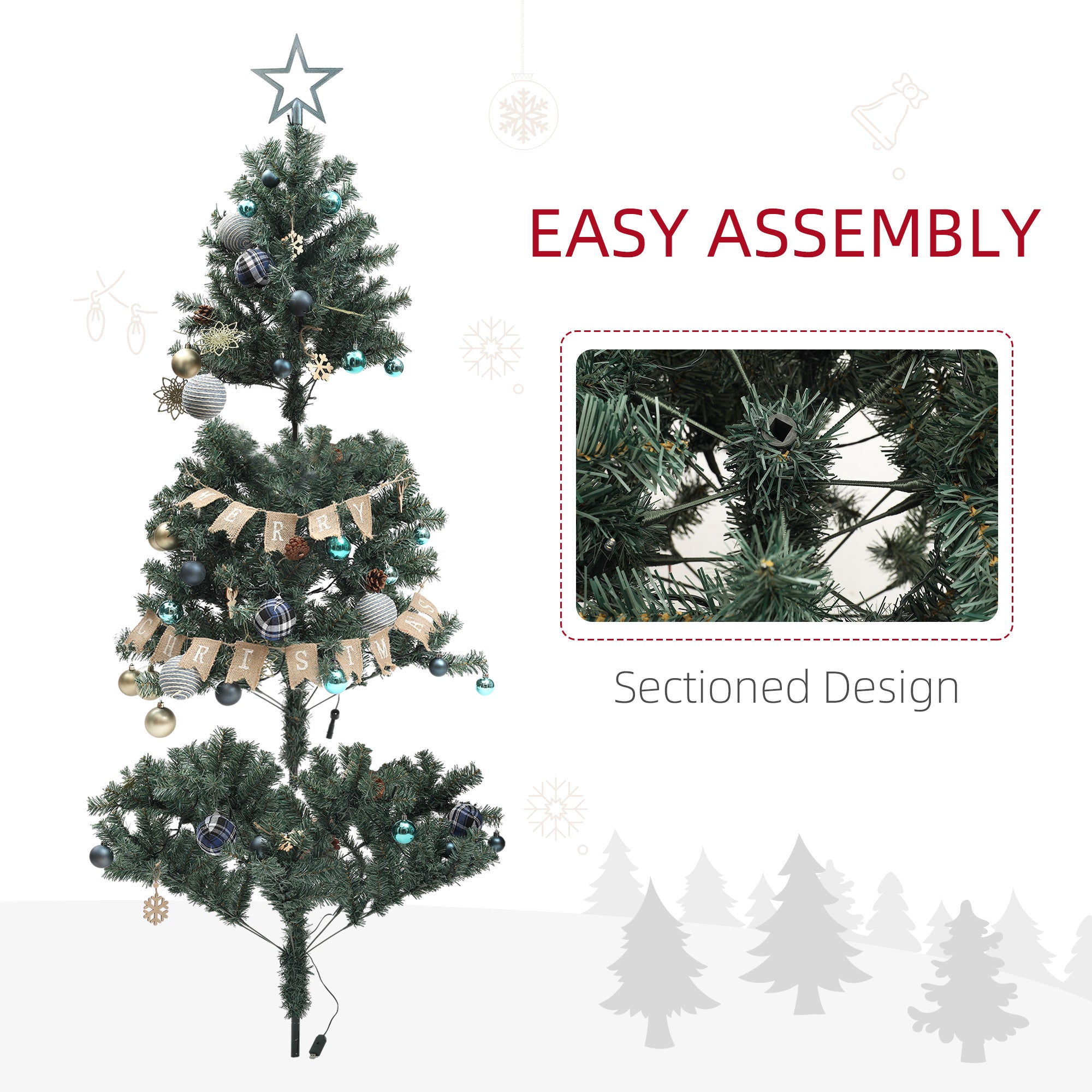 HOMCOM 6ft Artificial Prelit Christmas Tree with 150 Warm White LED Lights, Pre Decorated Xmas Tree for Home Office Holiday 
