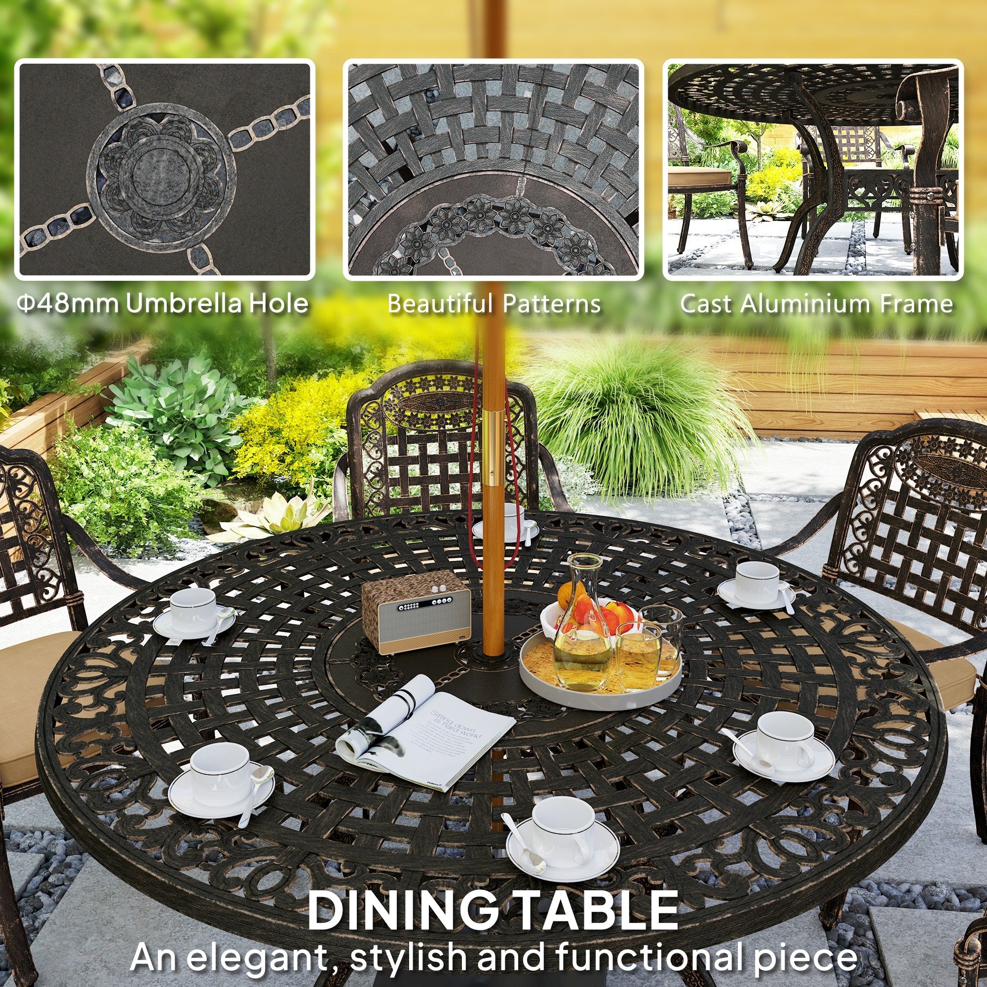 Outsunny 7 Pieces Outdoor Dining Set for 6, Aluminum Patio Table and Chairs Furniture Set with Umbrella Hole, Cushions, Bronze 