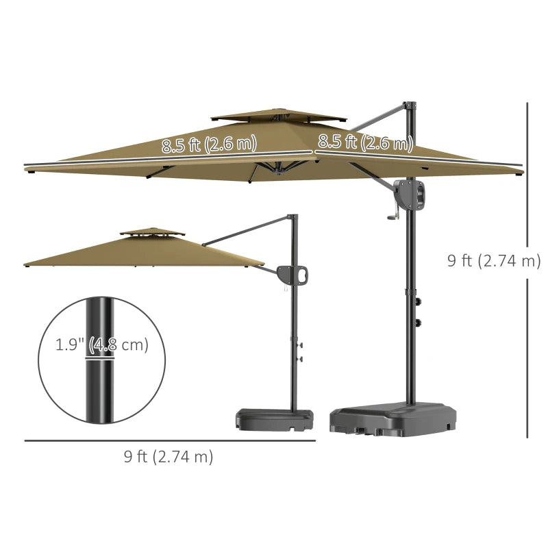 Square Cantilever Patio Umbrella, Double Top Patio Hanging Offset Umbrella with Crank & Tilt, 8' x 9', khaki