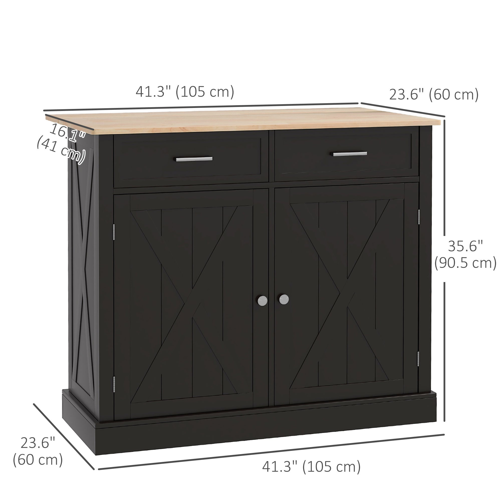 HOMCOM Ebony Culinary Companion: Black Kitchen Island with Beadboard, Rubberwood Cart, 2 Drawers, Adjustable Shelves for Storage 