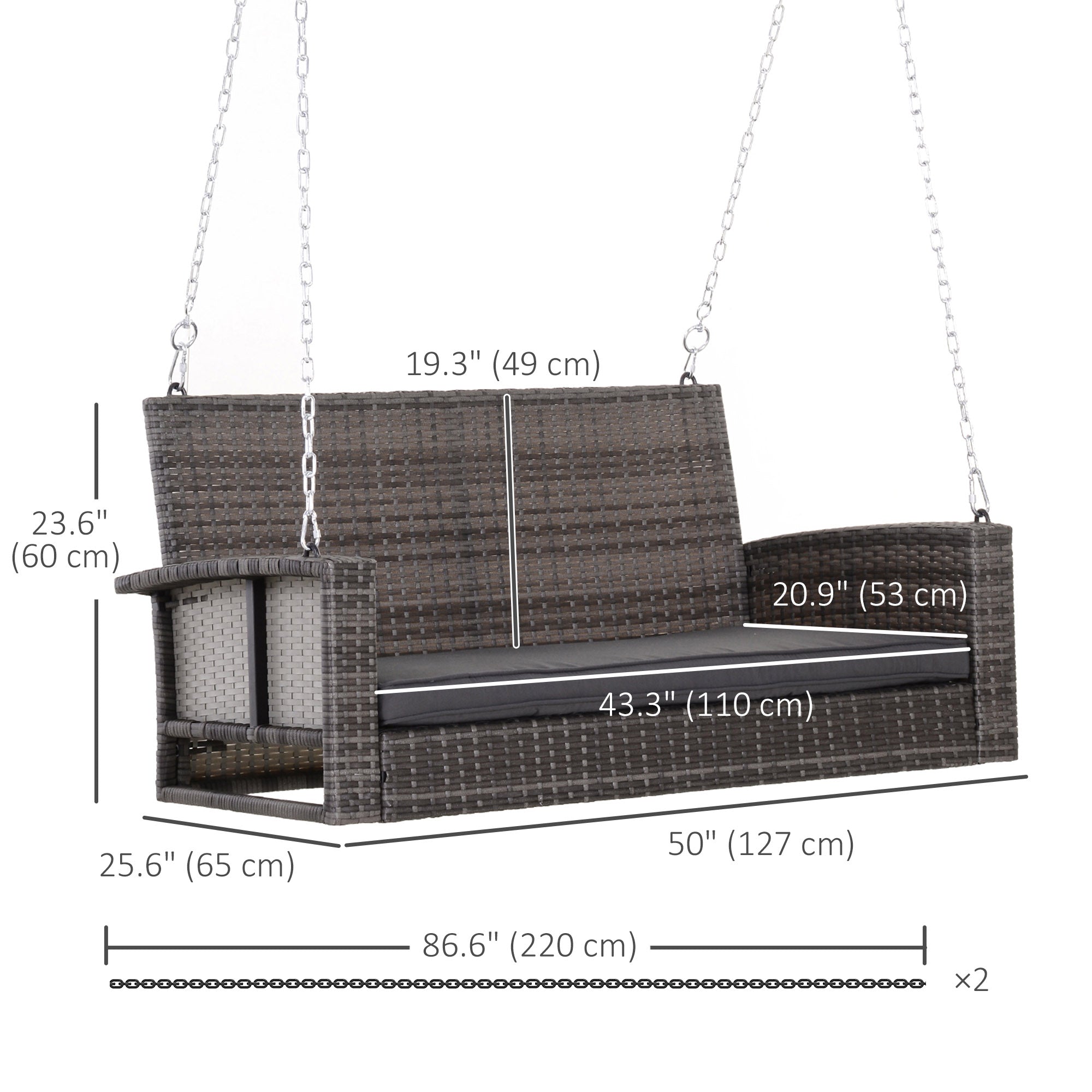 Outsunny 2-person Outdoor Wicker Porch Swing Chair Garden Rattan Hanging Bench with Cushion Yard Double Hammock Sun Lounge Seat, Grey 