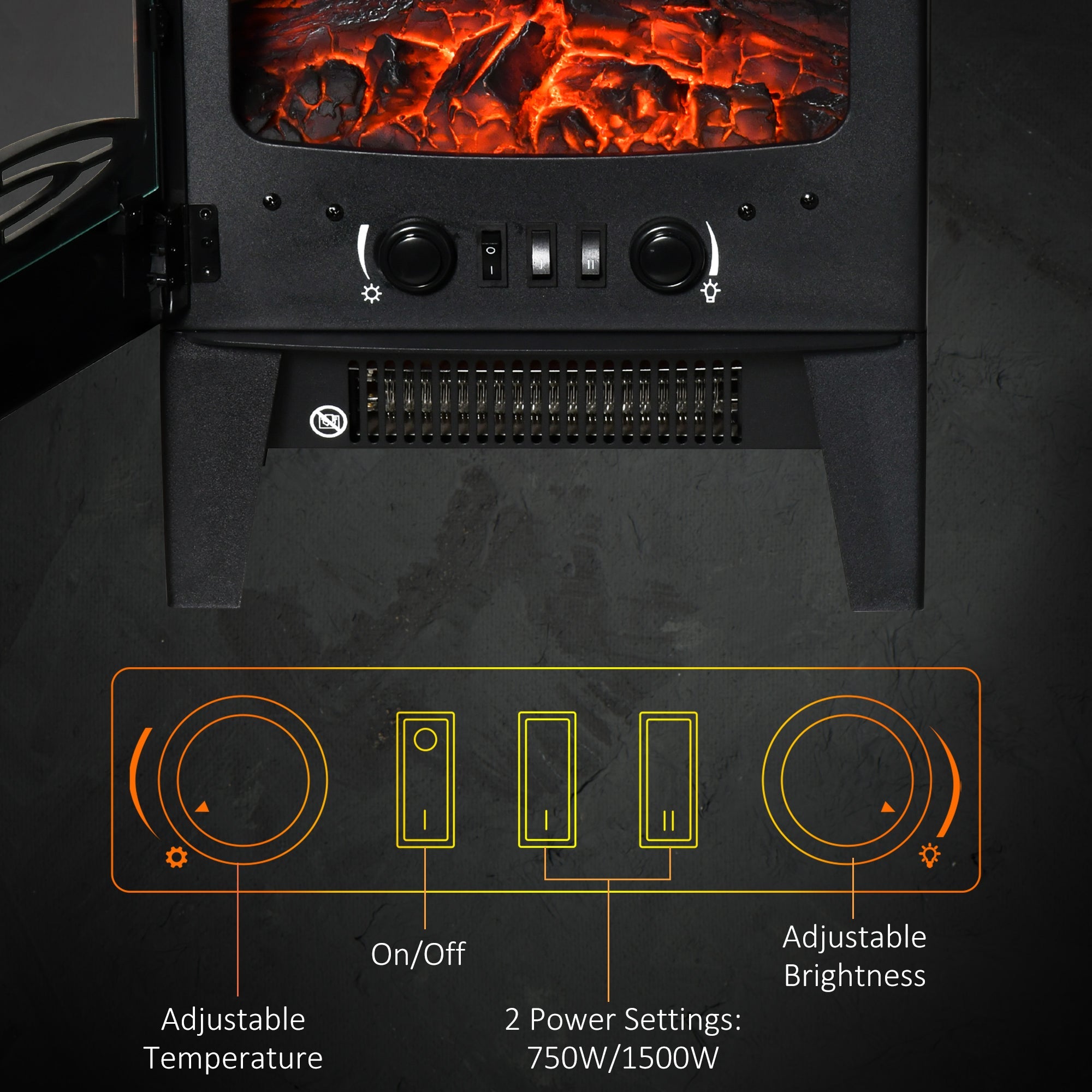 HOMCOM Electric Fireplace Heater, Freestanding Fireplace Stove with Realistic Adjustable Flame Effect and Adjustable Temperature 