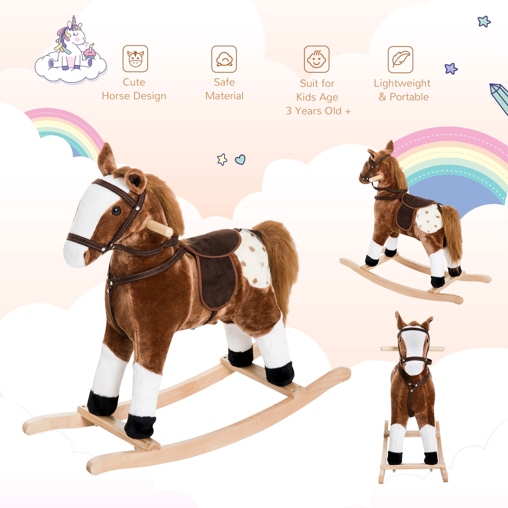 Qaba Kids Rocking Horse Plush Ride-On Toy Realistic Sounds Soft Brown Rocker Toddler Gift 