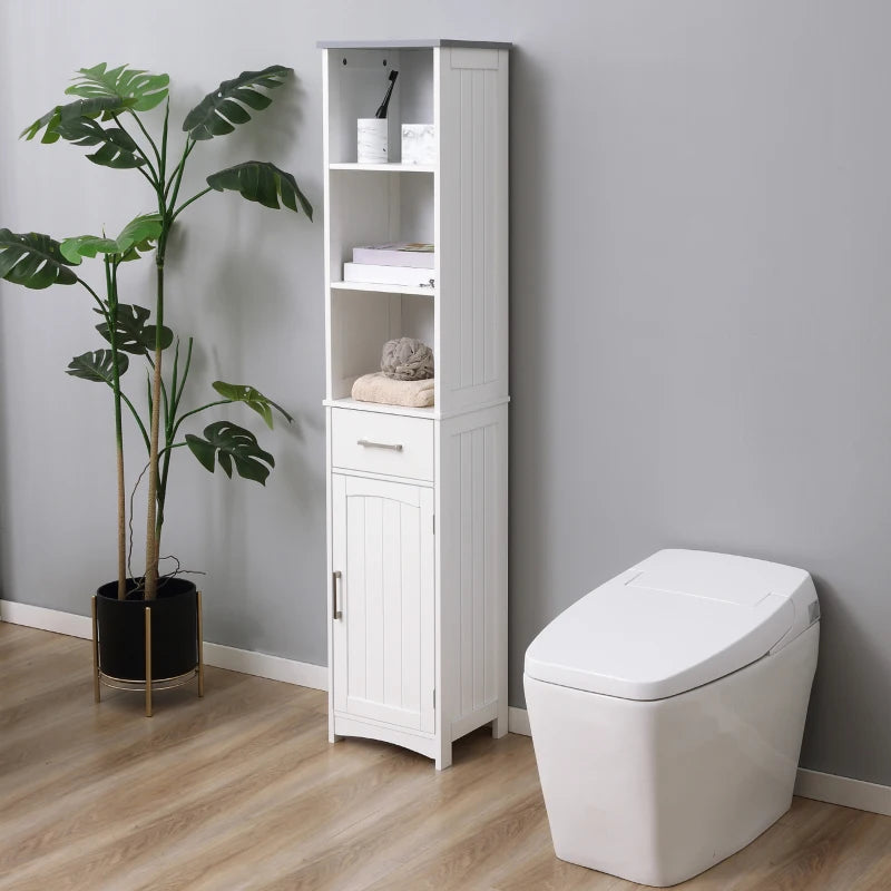 Tall Bathroom Storage Cabinet, Slim Bathroom Cabinet with 3 Tier Shelf, Drawer, Door, Freestanding Linen Tower, White
