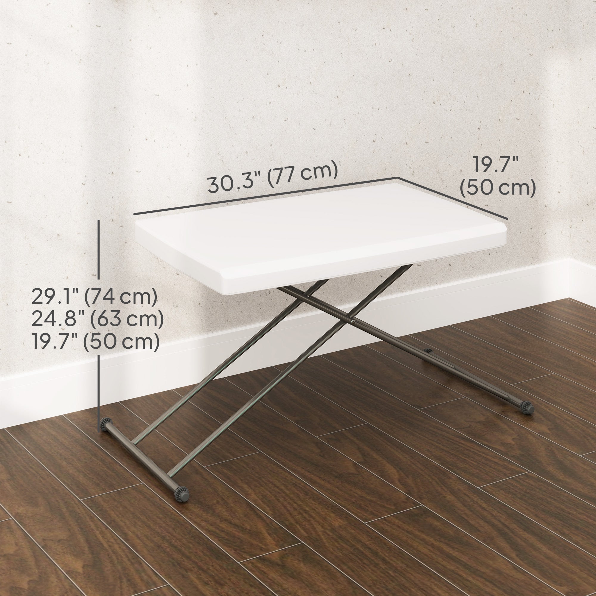 Outsunny Folding Outdoor Patio Table, 3-Level Adjustable Camping Table Picnic Table with HDPE Top, Steel Legs, White 