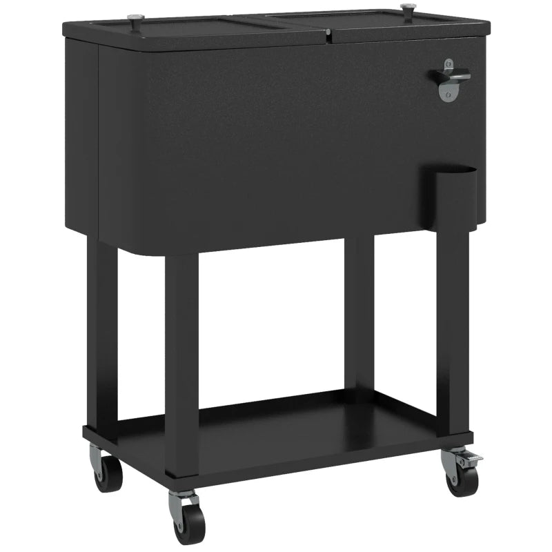 60 Quart Rolling Outdoor Cooler, Portable Rolling Patio Cooler Cart with Locking Wheels, Storage Shelf, Black