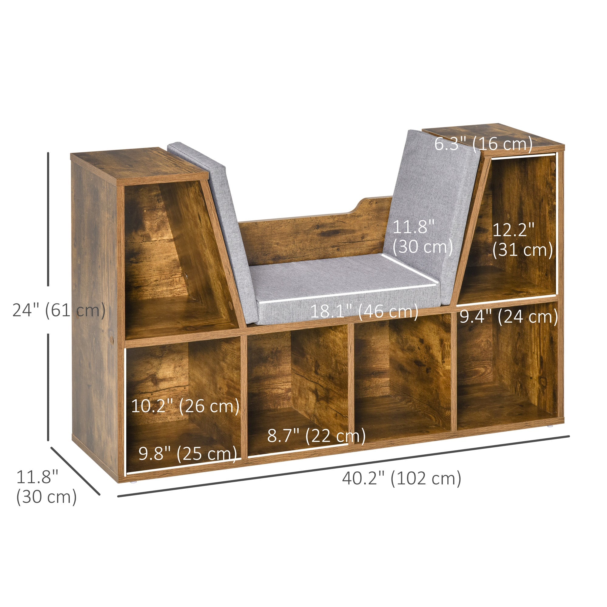 HOMCOM 6-Cubby Bookcase with Seat Cushion, Cube Storage Shelf with Reading Nook for Home Office, Study, Rustic Brown 