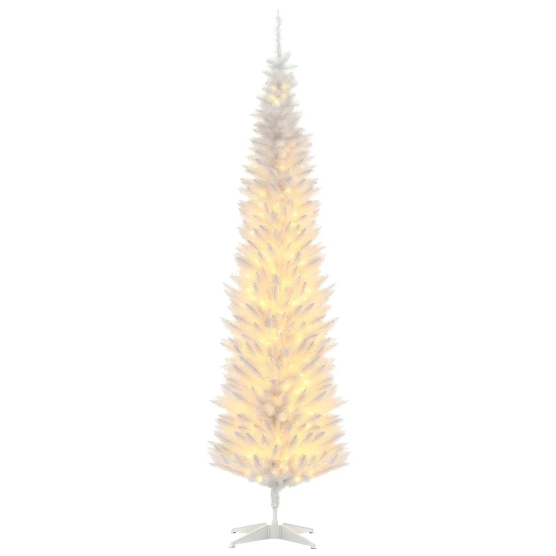 HOMCOM 7ft Pencil Christmas Tree, Slim Artificial Christmas Tree with Realistic Branches and Warm White LED Lights, White