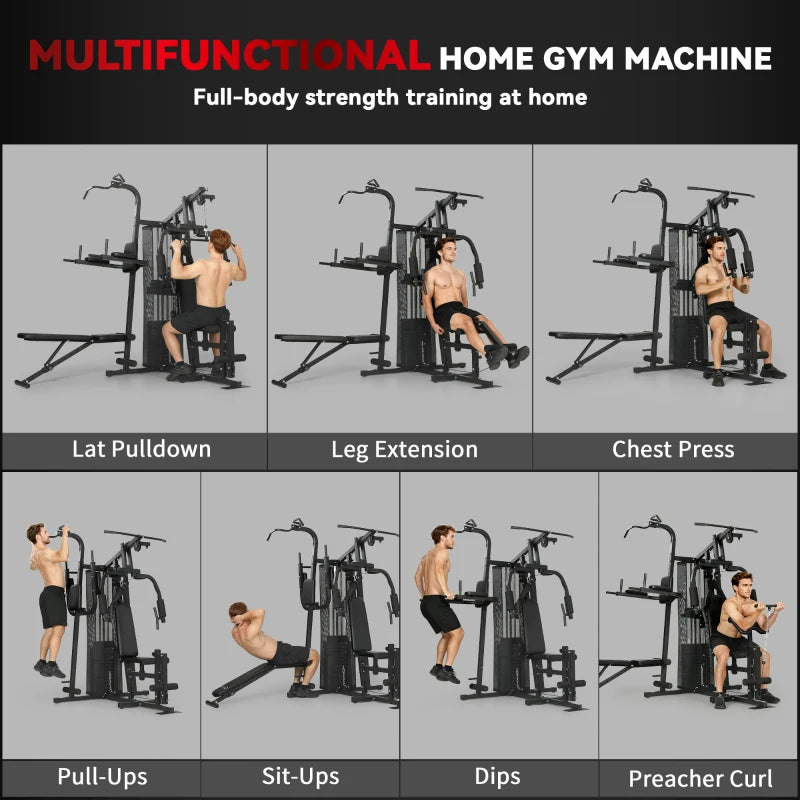 All-in-One Multi-Station Home Gym Workout Machine with Weight Stack, Pulley System & Adjustable Bench – Black