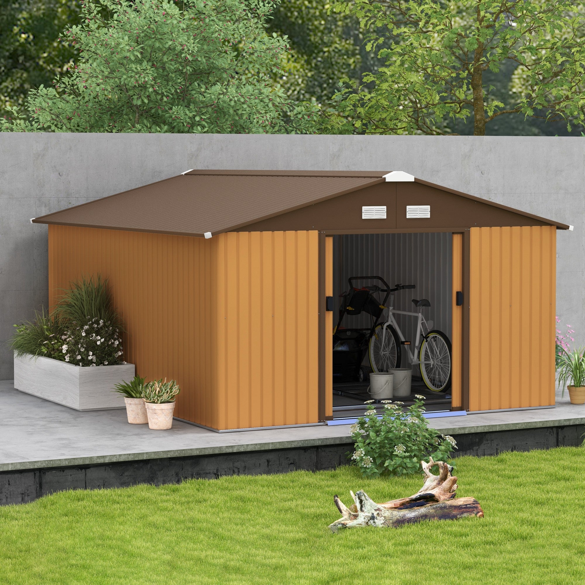 Outsunny Backyard Garden Shed 11' x 13' Storage Double Sliding Door 4 Vents Yellow 