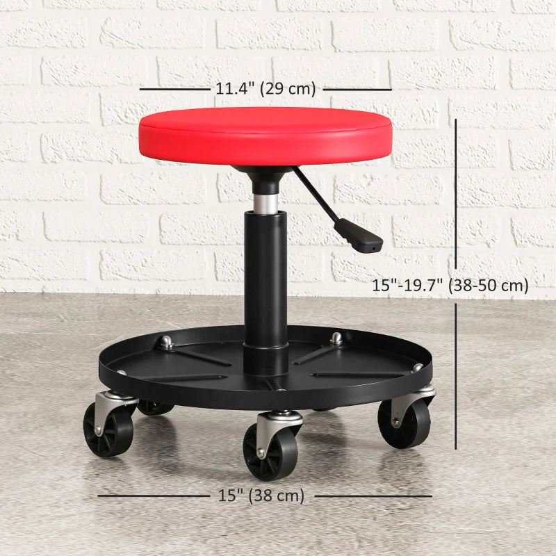 Rolling Garage Stool, 300 LBS Capacity Padded Mechanic Stool with 2.5" Wheels, Adjustable Height 15" -19.7", Red