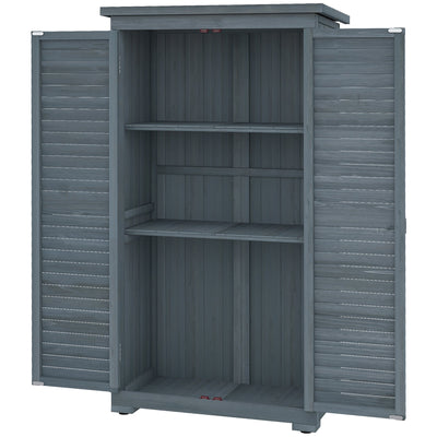 Outsunny Outdoor Garden Shed with 3-Tier Shelves & Asphalt Roof - Wooden Tool Storage Solution, Shutter Doors, 34.3"x18.3"x63", Grey 