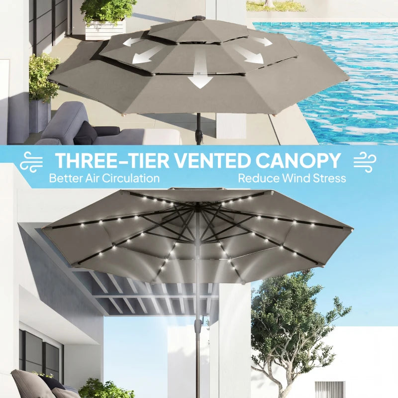 9.3 ft Patio Umbrella with Solar LED Lights, Cover, 3 Tier Outdoor Market Table Parasol with Tilt, Crank, Grey