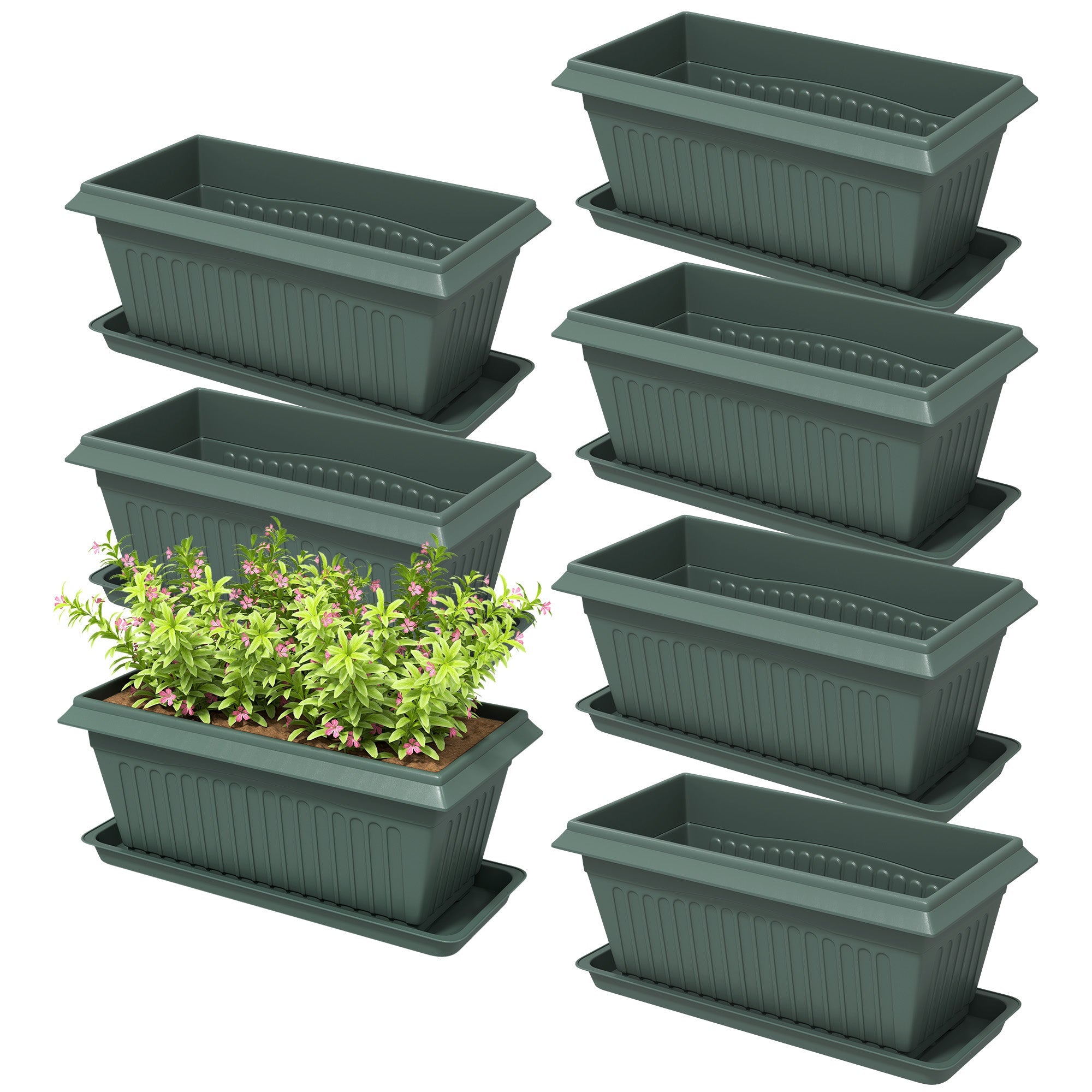 Outsunny 7 Pack 15.7" Plastic Flower Planters with Drainage Holes and Trays, Plant Pots for Indoor Outdoor Plants, Green 