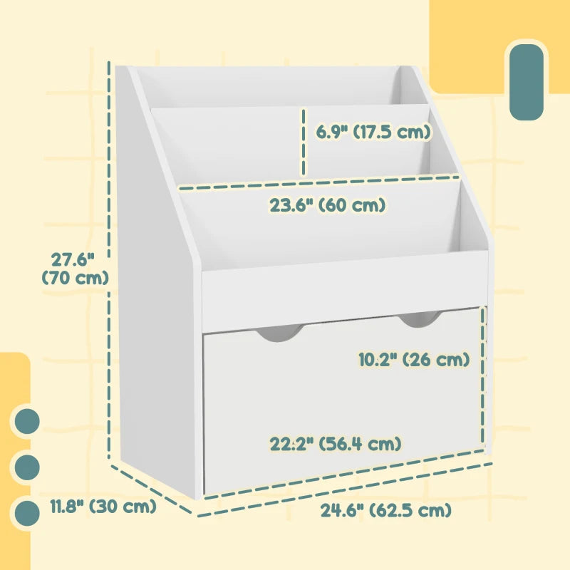 Qaba Kids Bookshelf with 3 Tier Display Shelves, Drawer for Nursery, White
