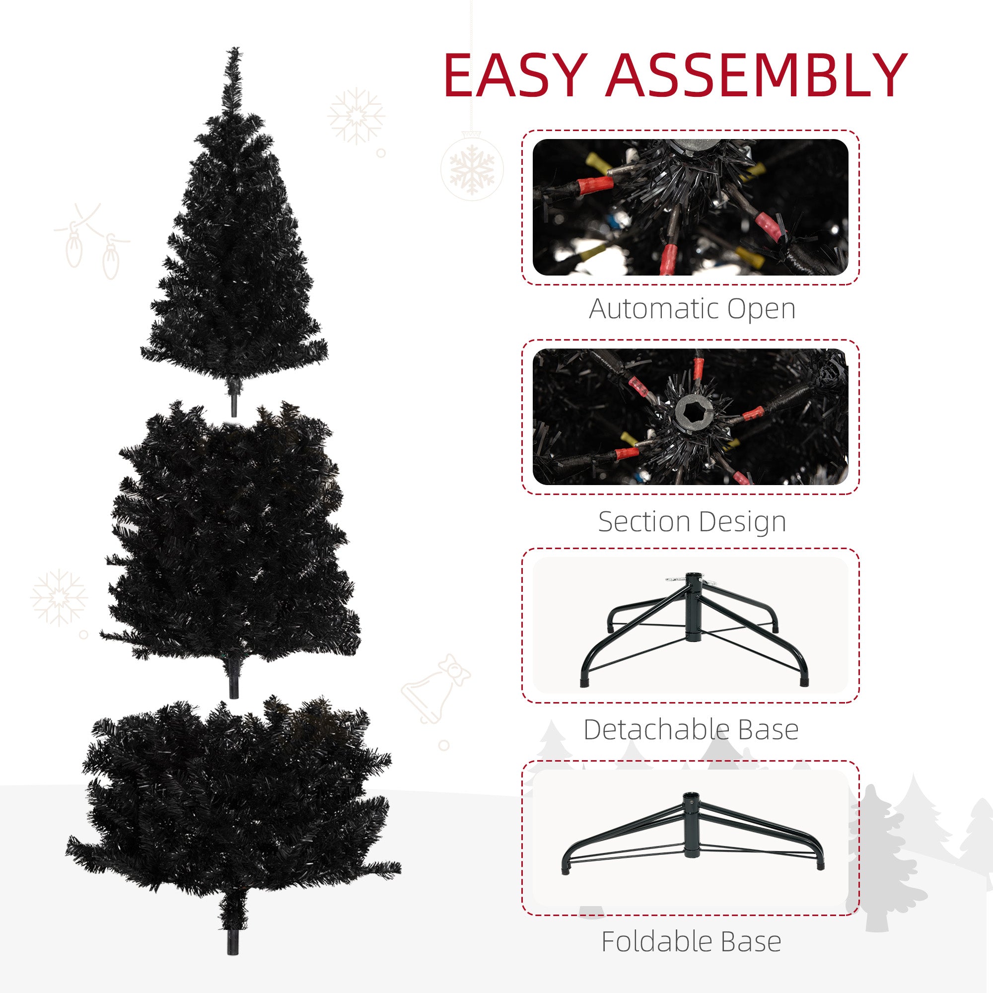 HOMCOM 6FT Pencil Christmas Tree, Artificial Christmas Tree with Automatic Open for Home Party, Black 