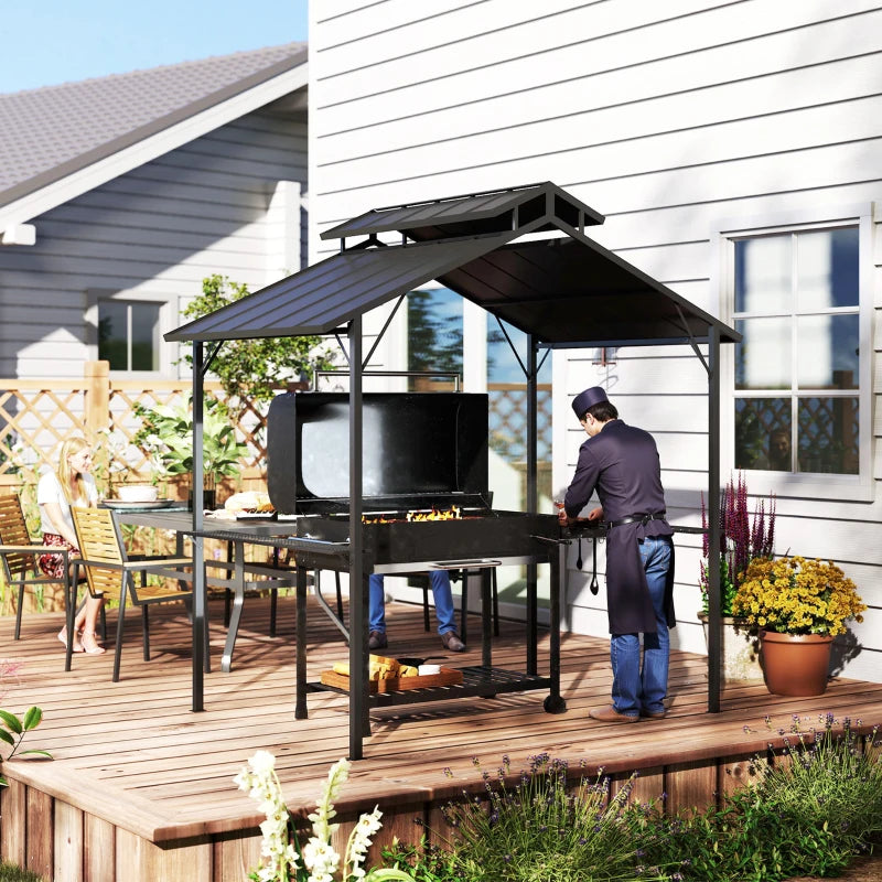 8 x 5ft Hardtop Grill Gazebo with Double Metal Roof, 2 Side Shelves and 10 Hooks for Patio Backyard Lawn Deck