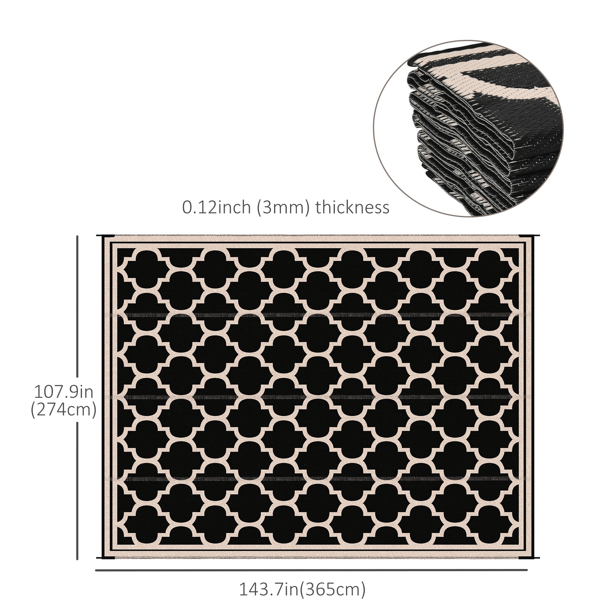 Outsunny Reversible 9'x12' RV Outdoor Rug - Durable Patio Mat in Black, Ideal for Backyard, Deck, Beach & Camping Adventures 