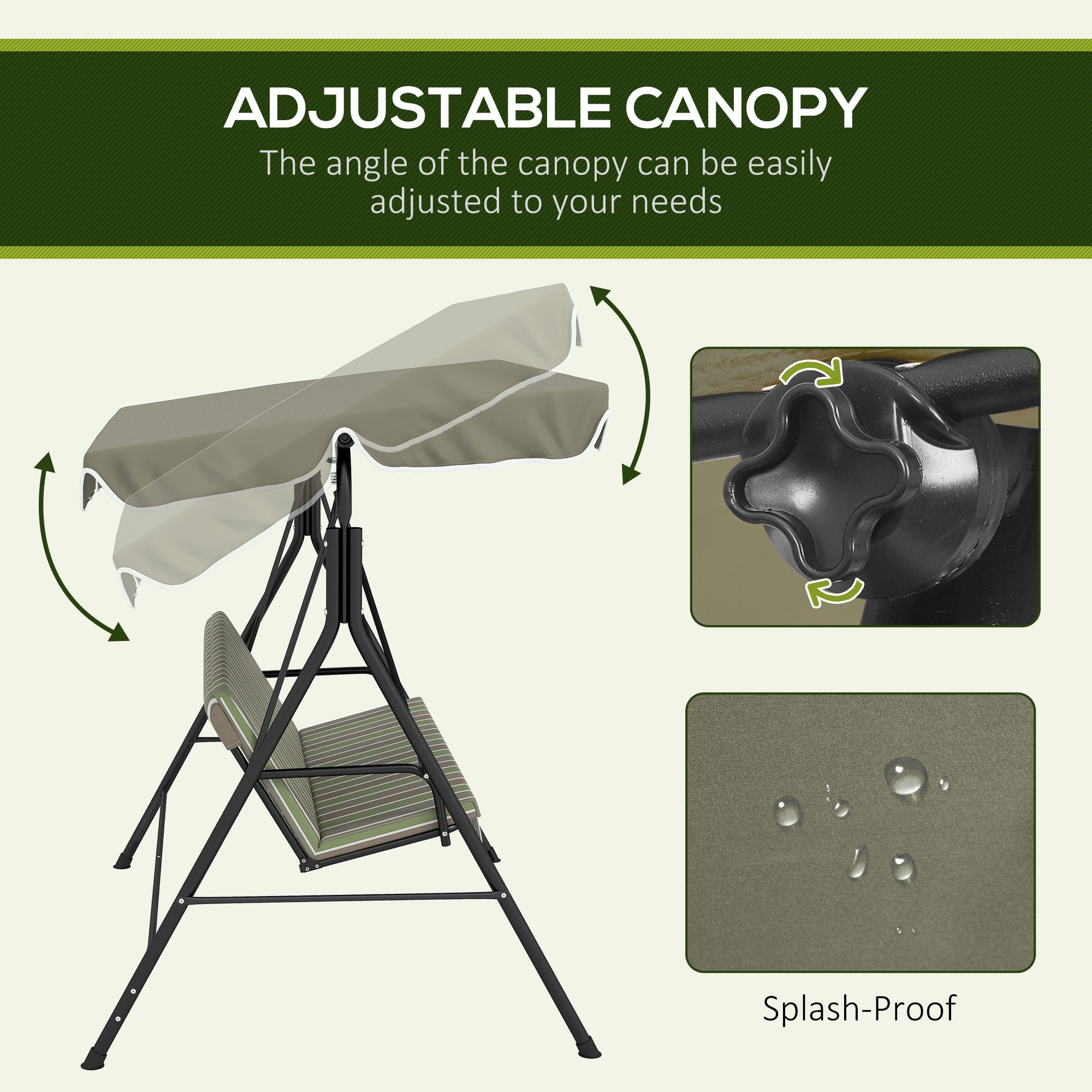 Outsunny 3-Seater Porch Swing with Adjustable Canopy - Outdoor Patio Swing Chair, Garden, Poolside, Green/Brown 