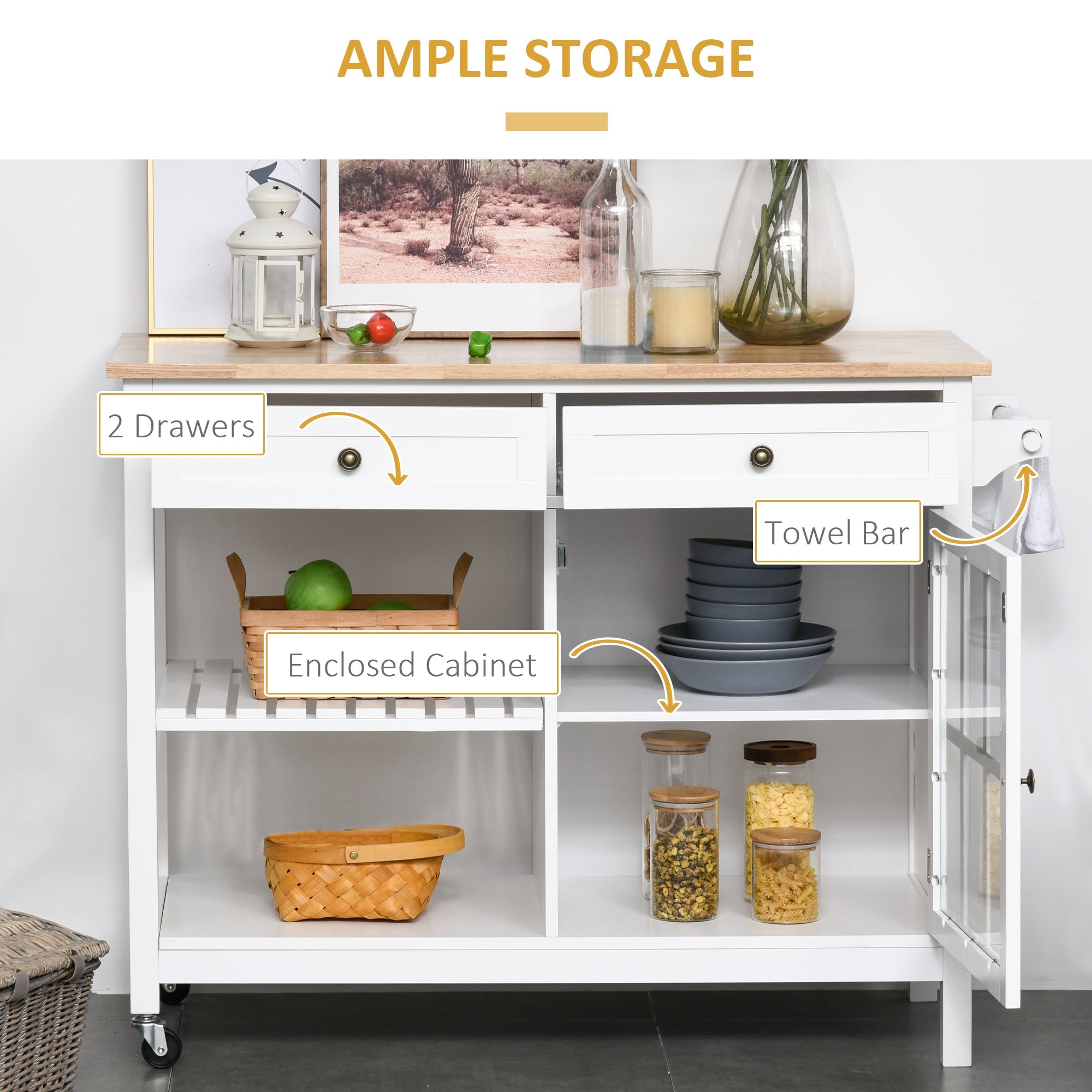 HOMCOM White Kitchen Utility Cart: Rolling Island with Rubber Wood Top, Towel Rack, Cabinets & Drawer Storage 