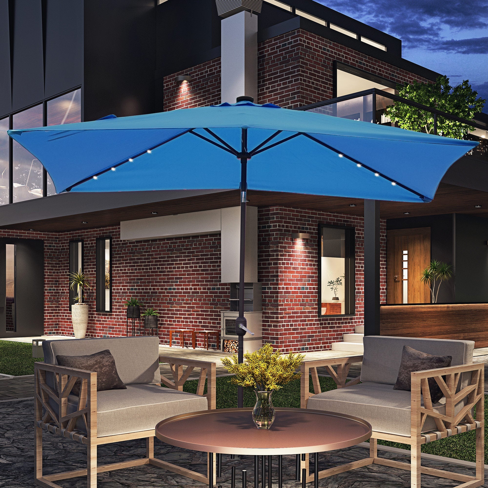 Outsunny 9.7x6.2ft Solar LED Patio Umbrella: Rectangular Outdoor Shade with Tilt Feature & Crank, Light Blue 