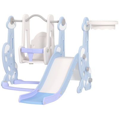 Qaba 4-in-1 Slide and Swing Set with Basketball Hoop, Climber, for Ages 1.5-4 Boys Girls Toddler, Rocket Themed, Light Blue 
