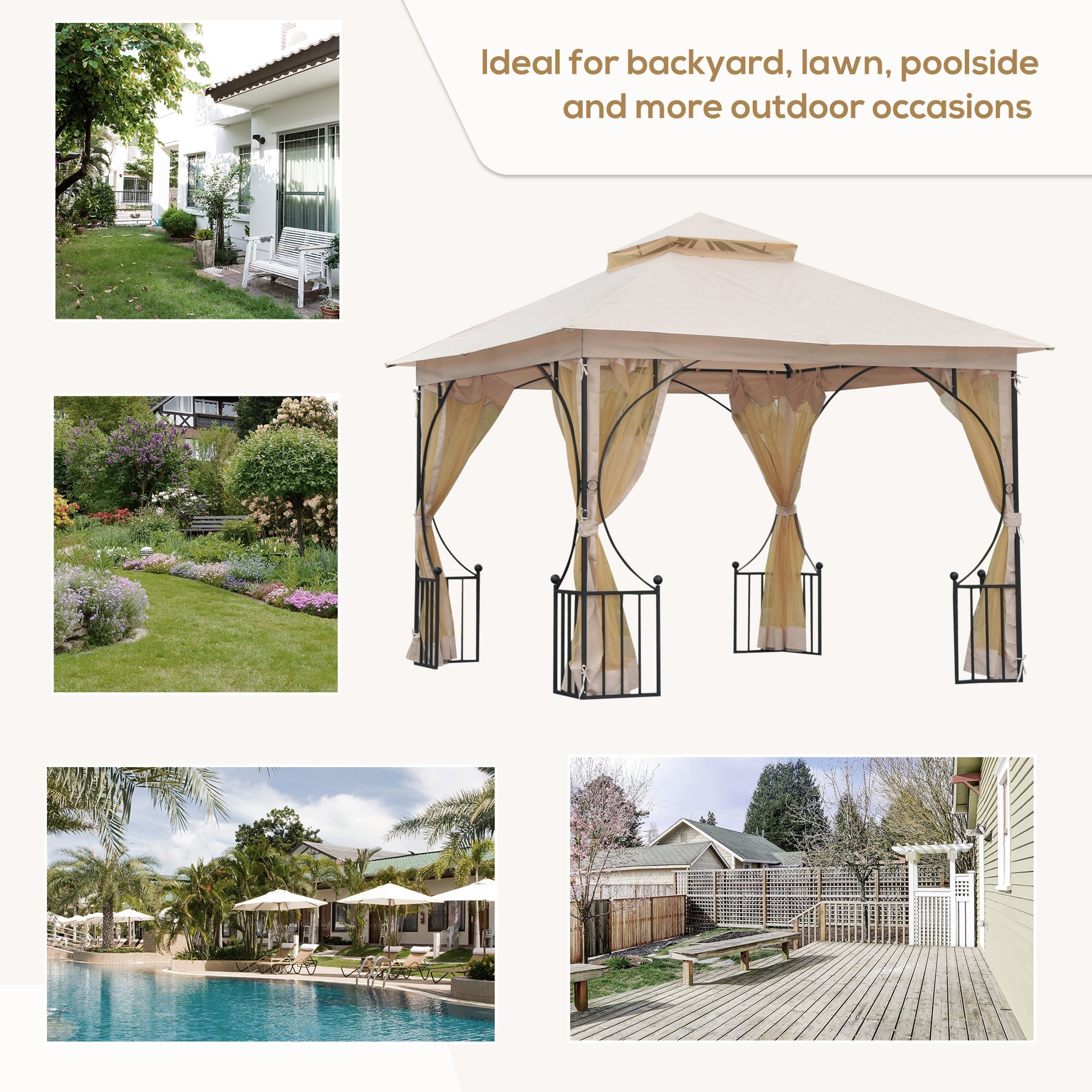Outsunny 10'x10' Soft-top Steel Patio Gazebo Canopy for with Double-tier Top, Mosquito Netting, Beige 