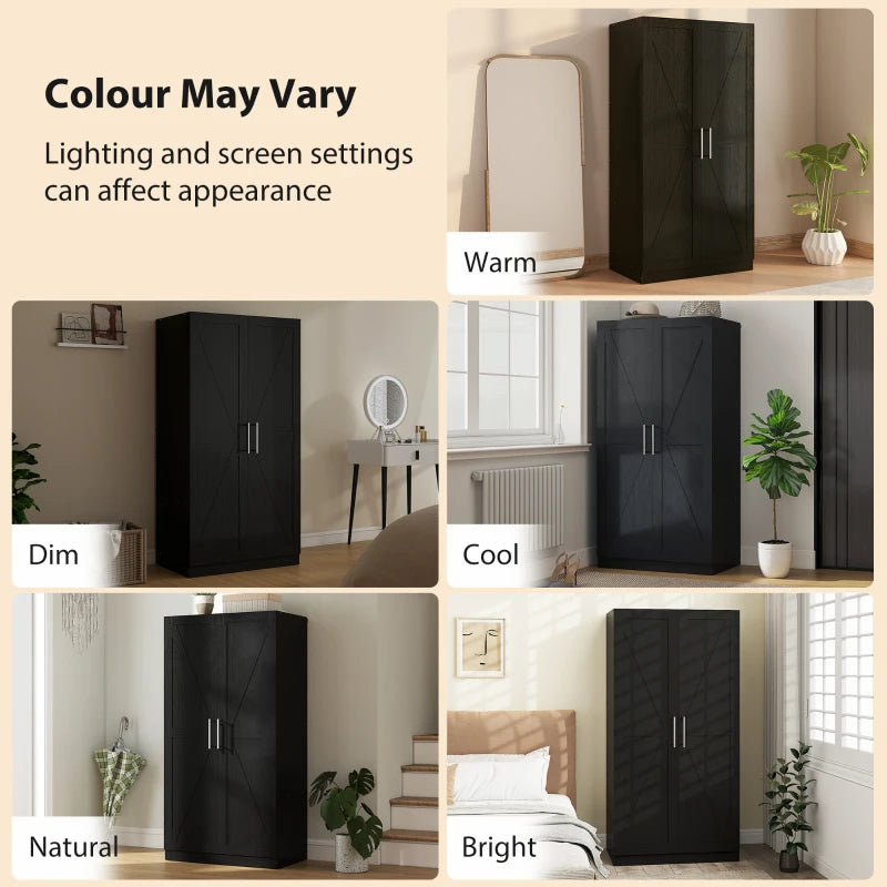 Wardrobe Cabinet with 2 Barn Doors and Hanging Rod, Farmhouse Armoire Wardrobe Closet for Bedroom, Black Wood Effect