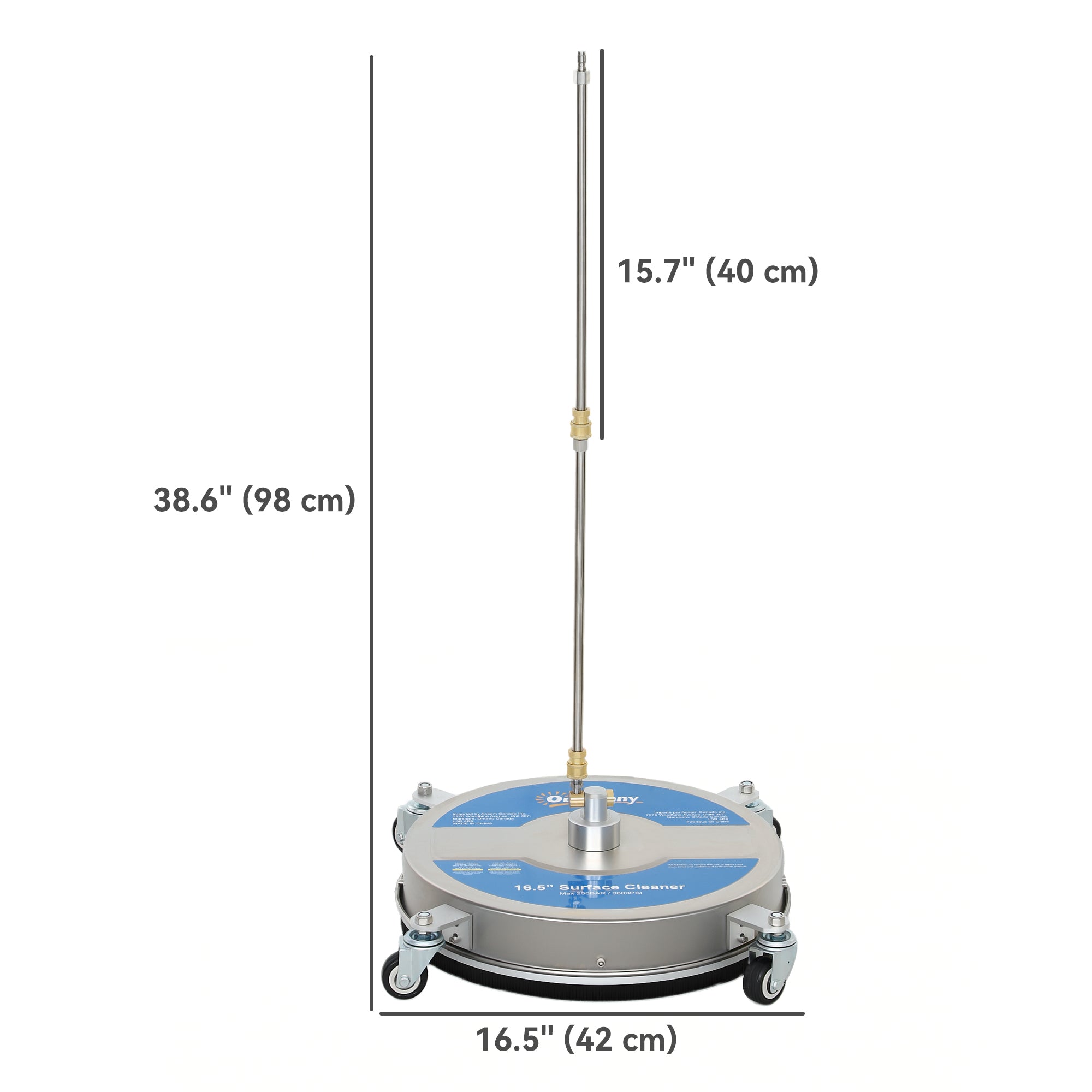 Outsunny 16" Pressure Washer Surface Cleaner with 4 Wheels, Stainless Steel Power Washer Surface Cleaner with 1/4" Quick Connector, 2 Extension Wands, 3600 PSI, Silver 