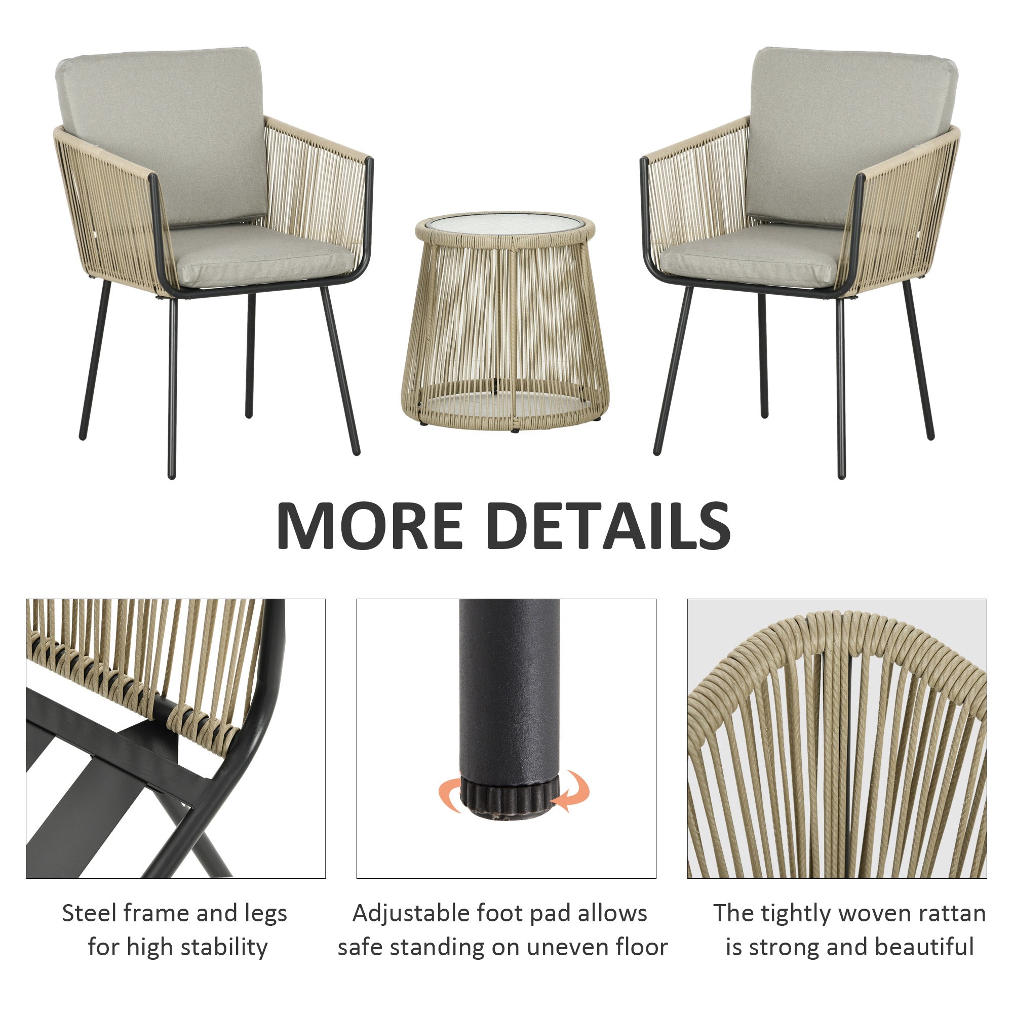 Outsunny Outdoor Patio Bistro Set 3 Piece Light Grey Wicker Rattan Furniture Metal Legs Garden Backyard Deck 