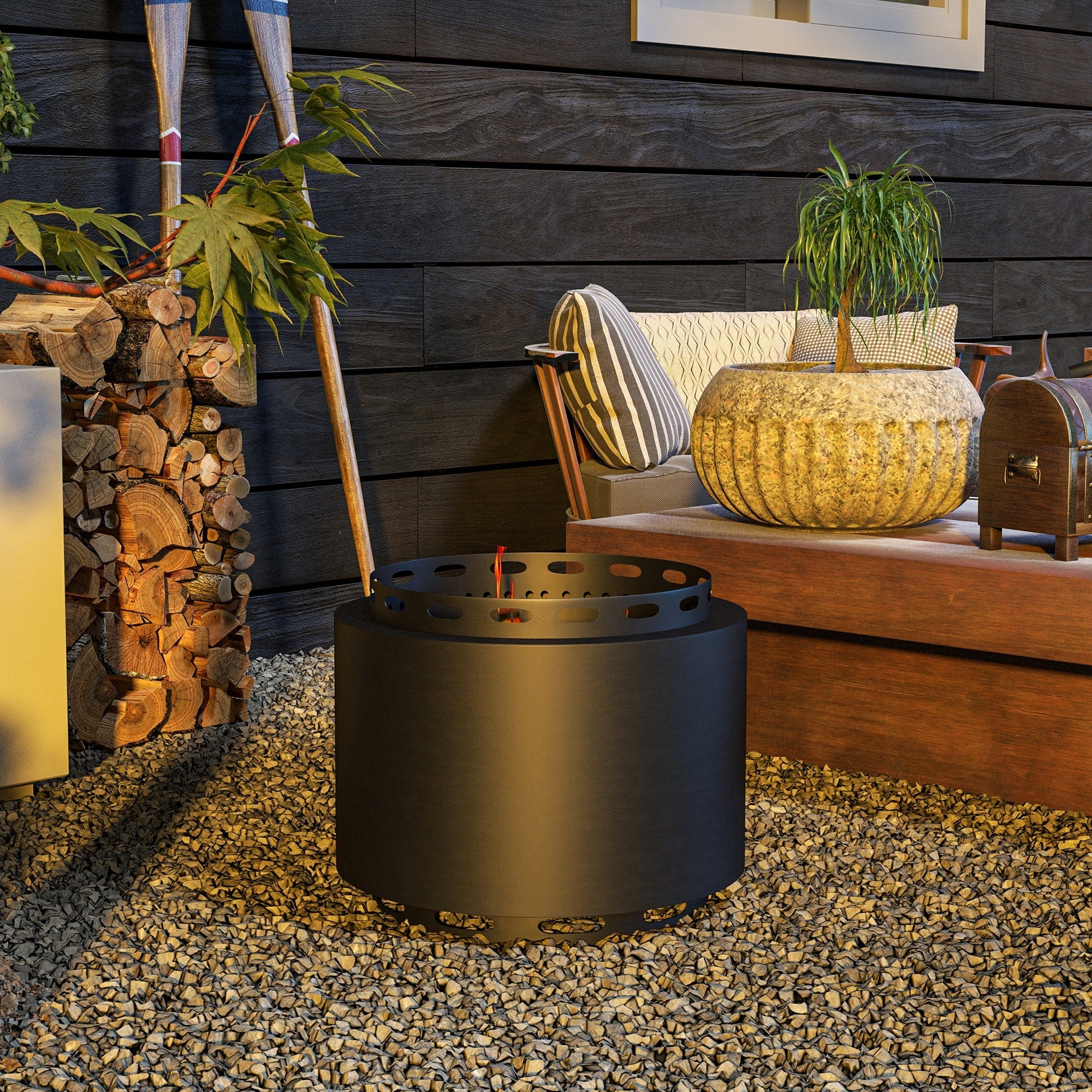 Outsunny Smokeless Fire Pit, Portable Wood Burning Firepit with Poker for Garden Camping Bonfire Party, Metal, Black 