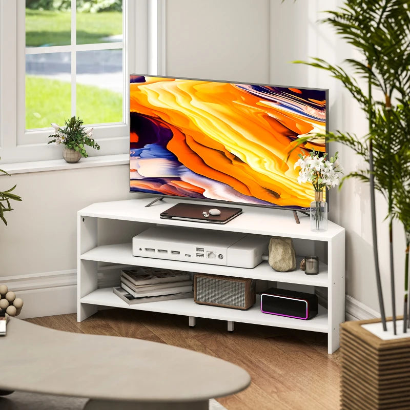Corner TV Stand, Modern TV Table with 2 Open Shelves for 47 Inch TV, Entertainment Center for Living Room, White