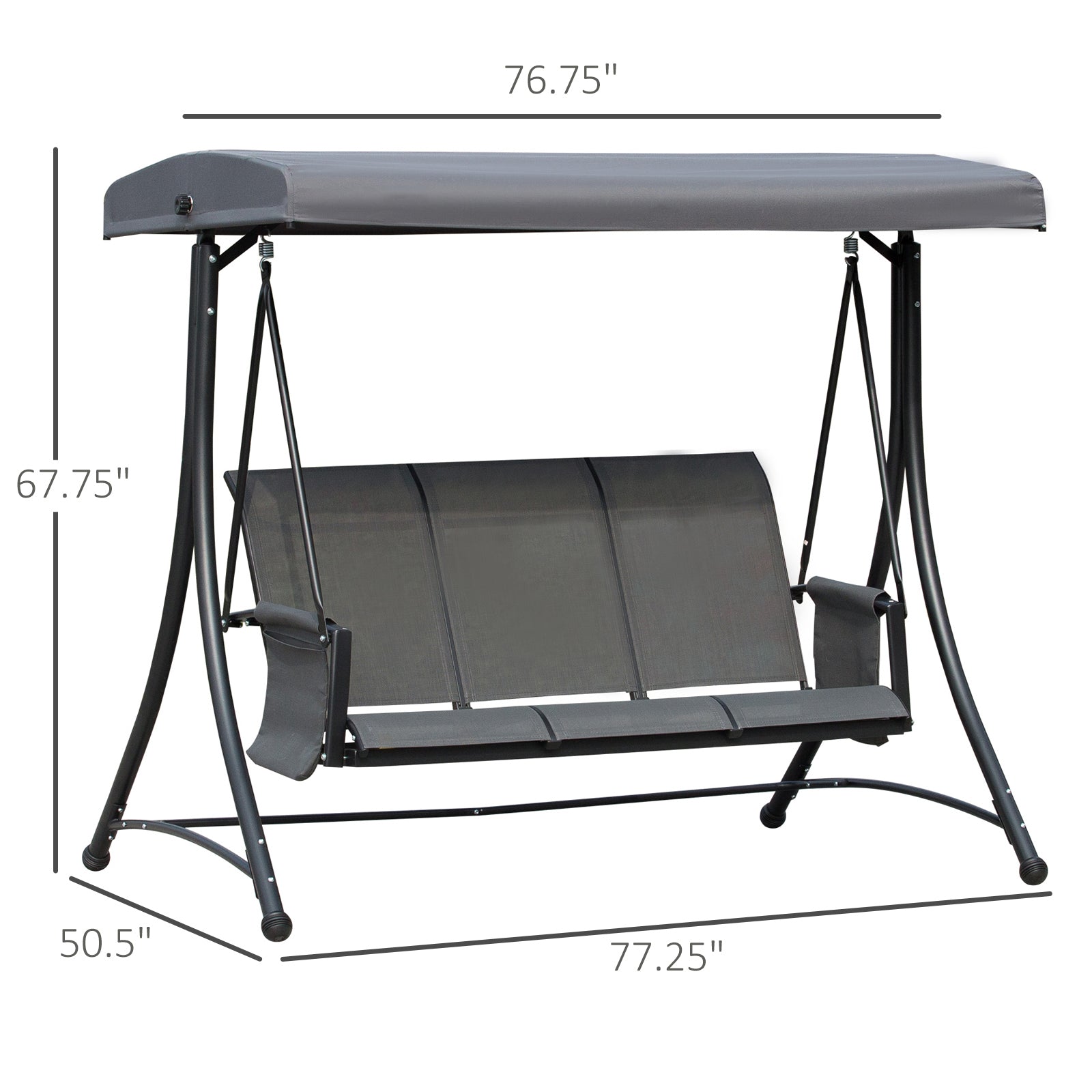 Outsunny 3 Person Porch Swing Chair - High Back Design, Side Pouches, Adjustable Canopy for Comfort, Dark Grey 