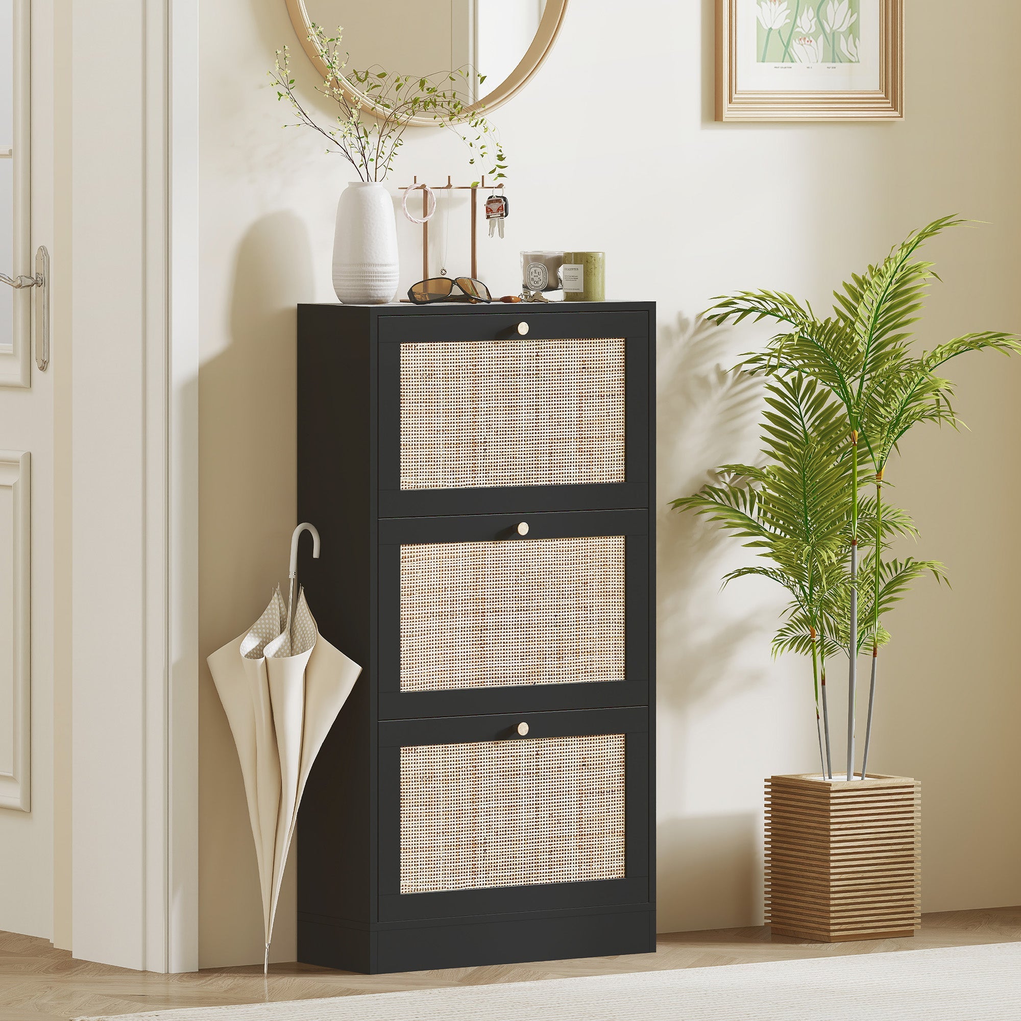 HOMCOM Rattan Shoe Cabinet: 3 Flip Drawers, Adjustable Shelves for 18 Pairs, Entryway/Hallway Organizer 
