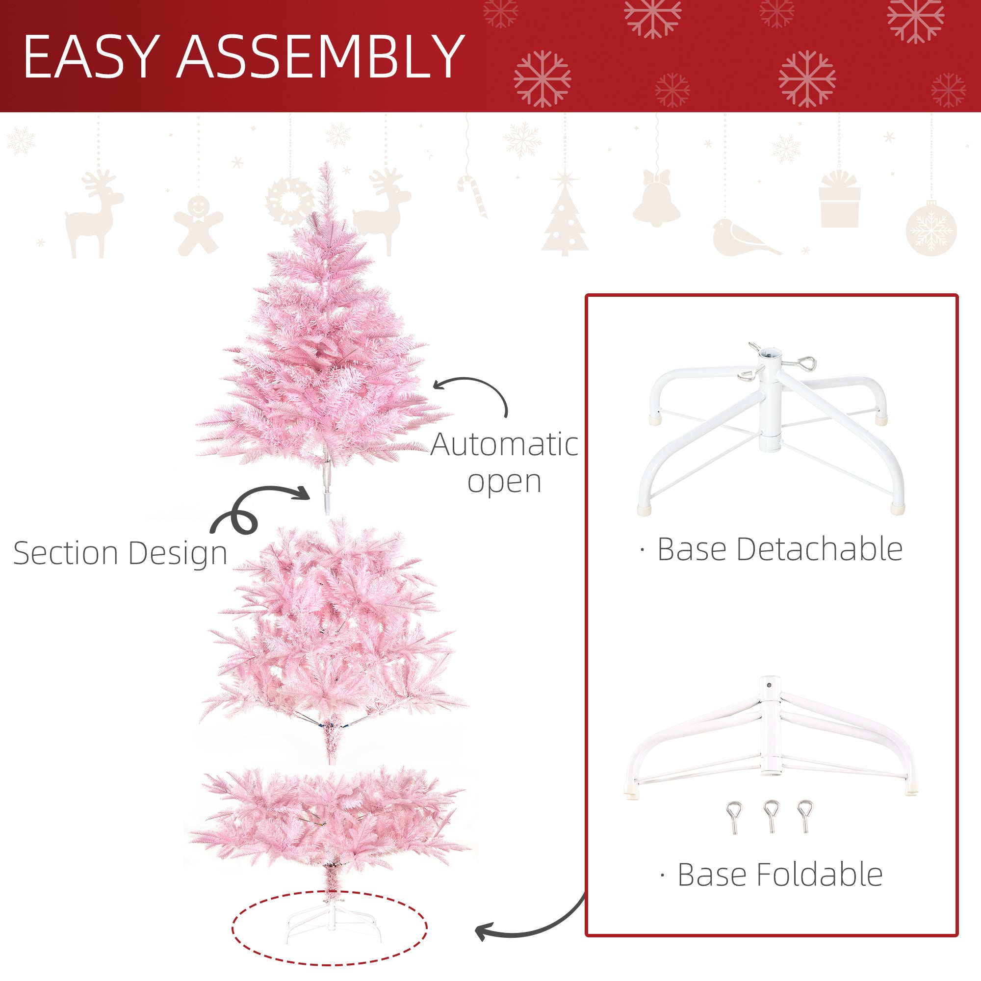 HOMCOM 6FT Artificial Christmas Tree Holiday Xmas Holiday Tree Decoration with Automatic Open for Home Party, Pink 
