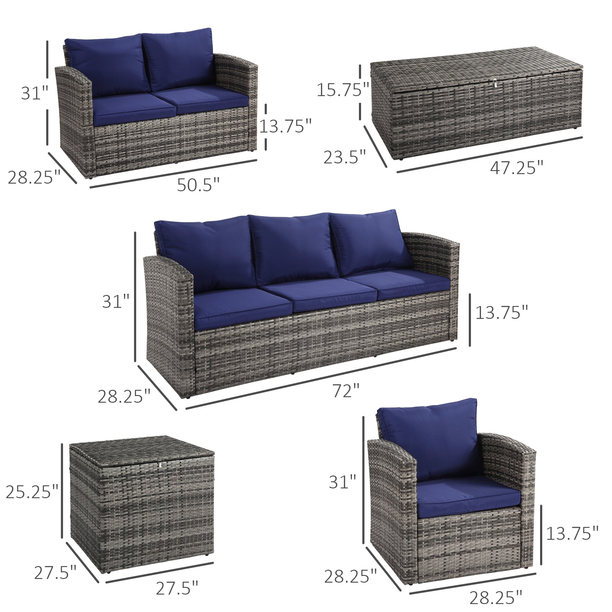 Outsunny 6 Piece Patio Furniture Set, Rattan Wicker Patio Sofa Set Sectional Outdoor Conversation Sofa Set Storage Table & Cushions, Navy Blue 