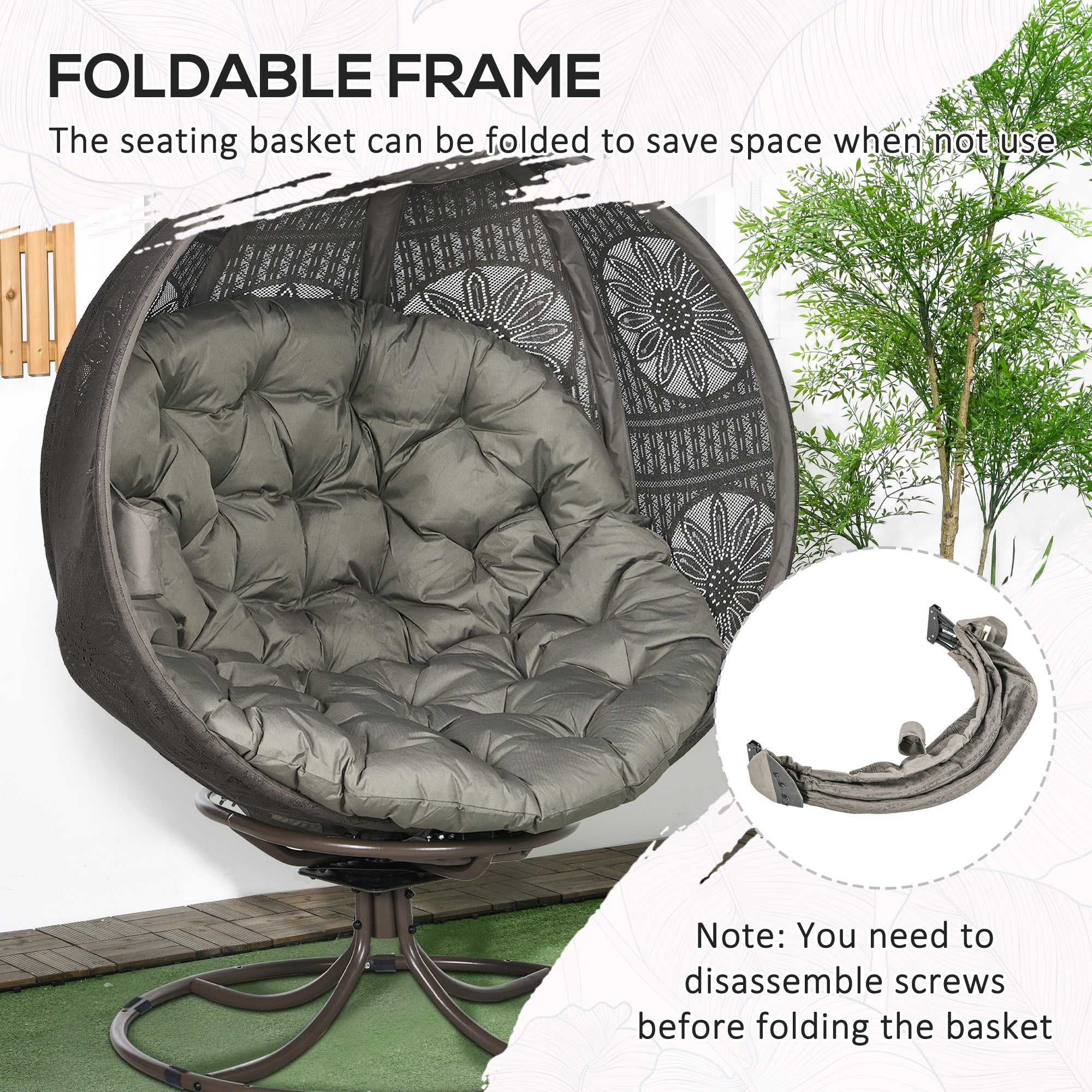 Outsunny Swivel Patio Egg Chair, Foldable Wicker Basket Chair with Large Cushion, Cup Holder, Indoor/Outdoor Use, Sand 