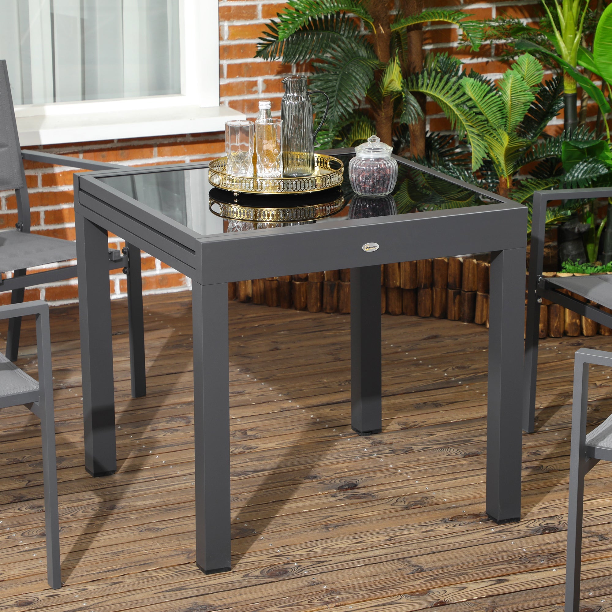 Outsunny 63" Extendable Dining Table Outdoor Patio Rectangular Aluminum Frame Tempered Glass Tabletop Black 