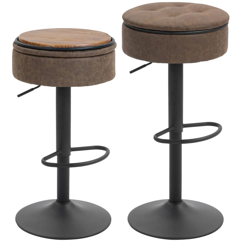 Set of 2 Barstools with Storage, Swivel Bar Stools with PU Leather Upholstered, Footrest, Steel Base, Brown