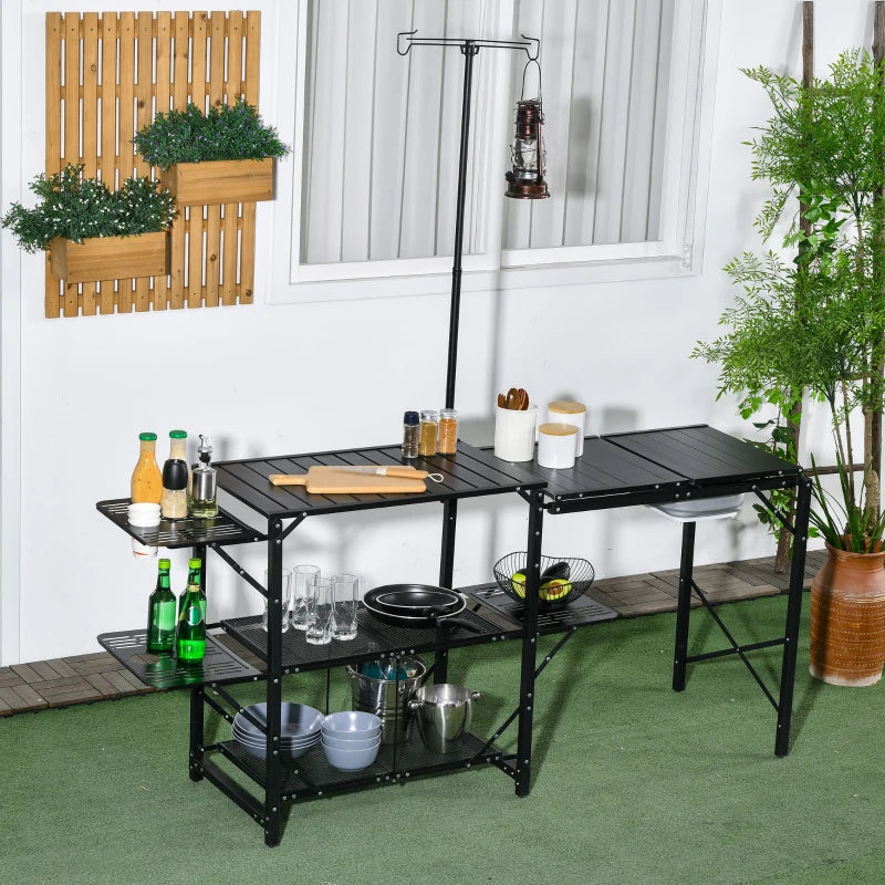 Folding Camping Kitchen, Portable Aluminum Cook Station with Carrying Bag, 3 Side Tables, 2 Shelves for BBQ, Black