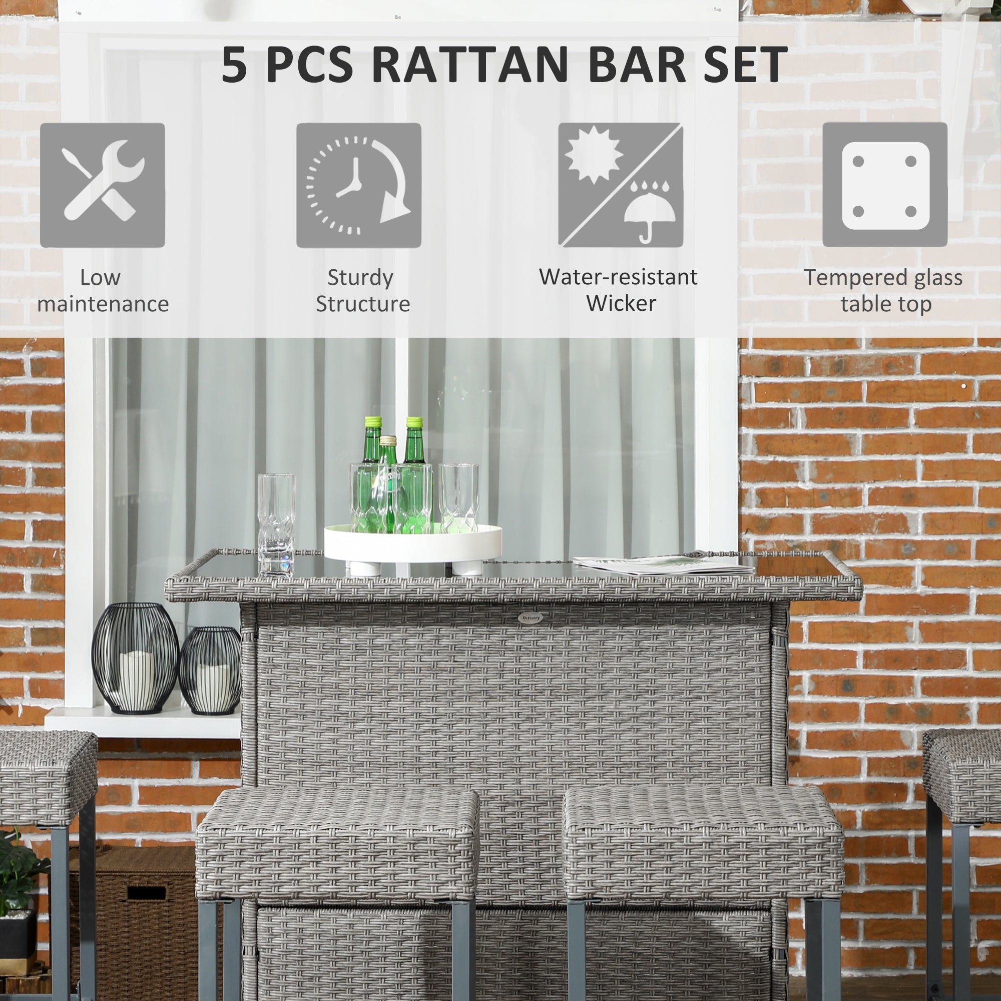 Outsunny 5 Pieces Patio Bar Set, Outdoor PE Rattan Wicker High Top Outdoor Table and Chairs Outdoor Bar Set with Tempered Glass Top Bar Table and Shelves, 4 Bar Chairs, Grey 