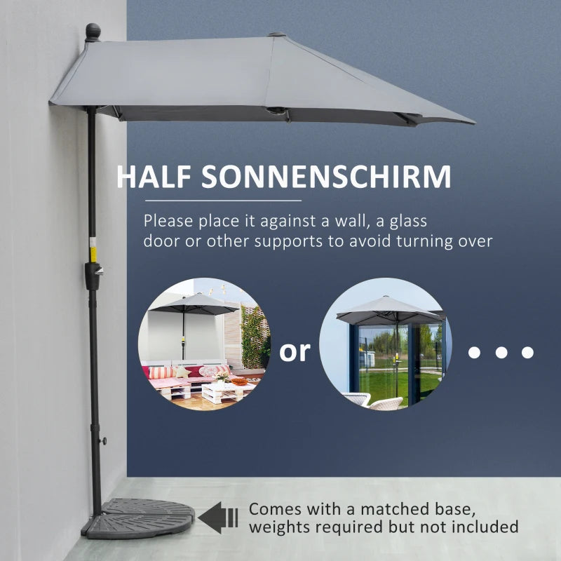 6.6 x 6ft Half Patio Umbrella Outdoor Parasol with Double-Sided Canopy, Crank Handle, Base for Garden, Balcony, Grey