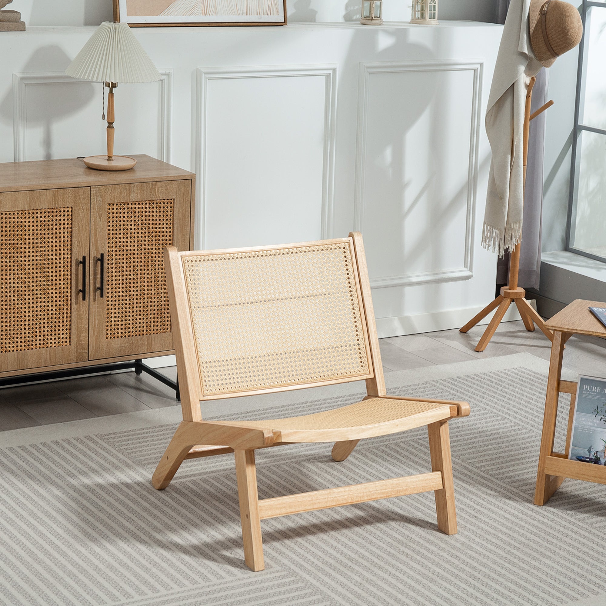 HOMCOM Rattan Accent Chair, Mid-Century Leisure Chair with Rubber Wood Frame, for Bedroom Living Room, Natural 