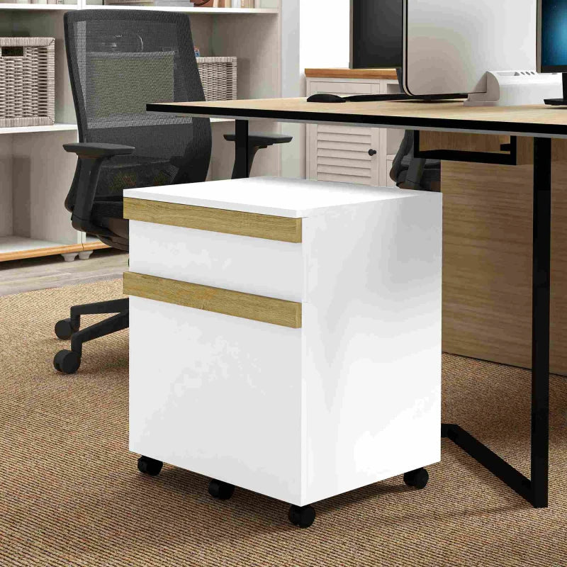 Mobile Filing Cabinet with 2 Drawers, Office Storage Cabinet with 5 Wheels, White Wood Grain