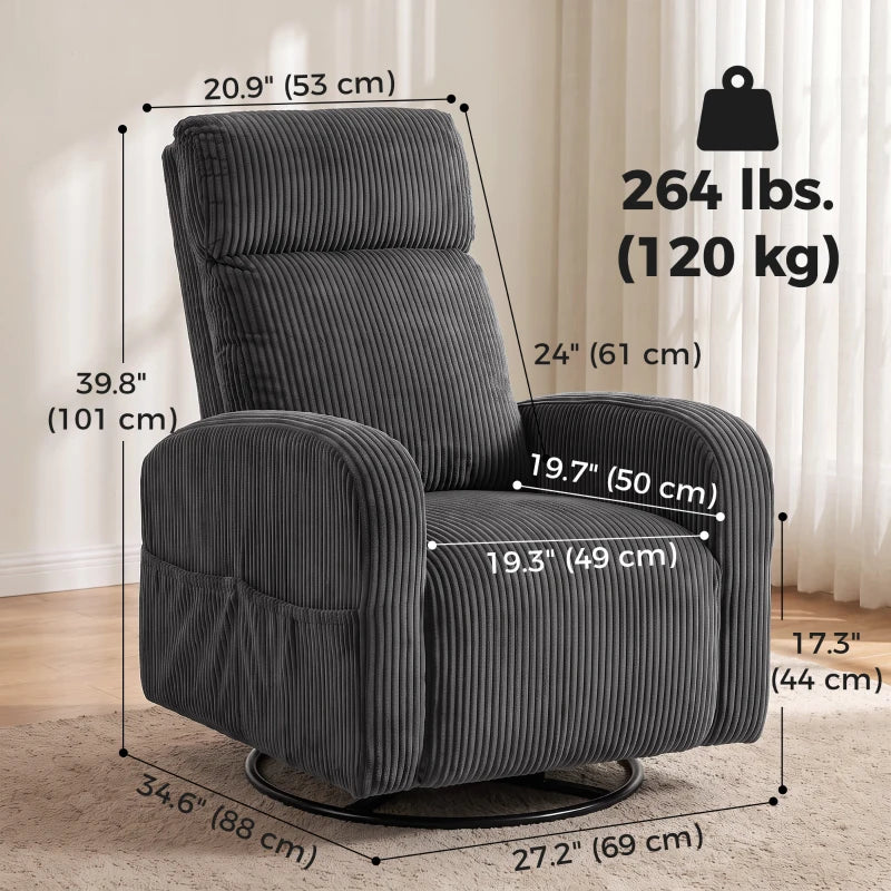 360° Swivel Accent Chair, Modern Armchair with Thick Cushion & Corduroy Upholstery – Dark Grey