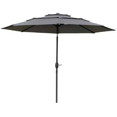 Outsunny 9FT 3-Tier Patio Umbrella: Outdoor Market Umbrella with Crank, Push Button Tilt for Deck & Lawn, Light Grey 