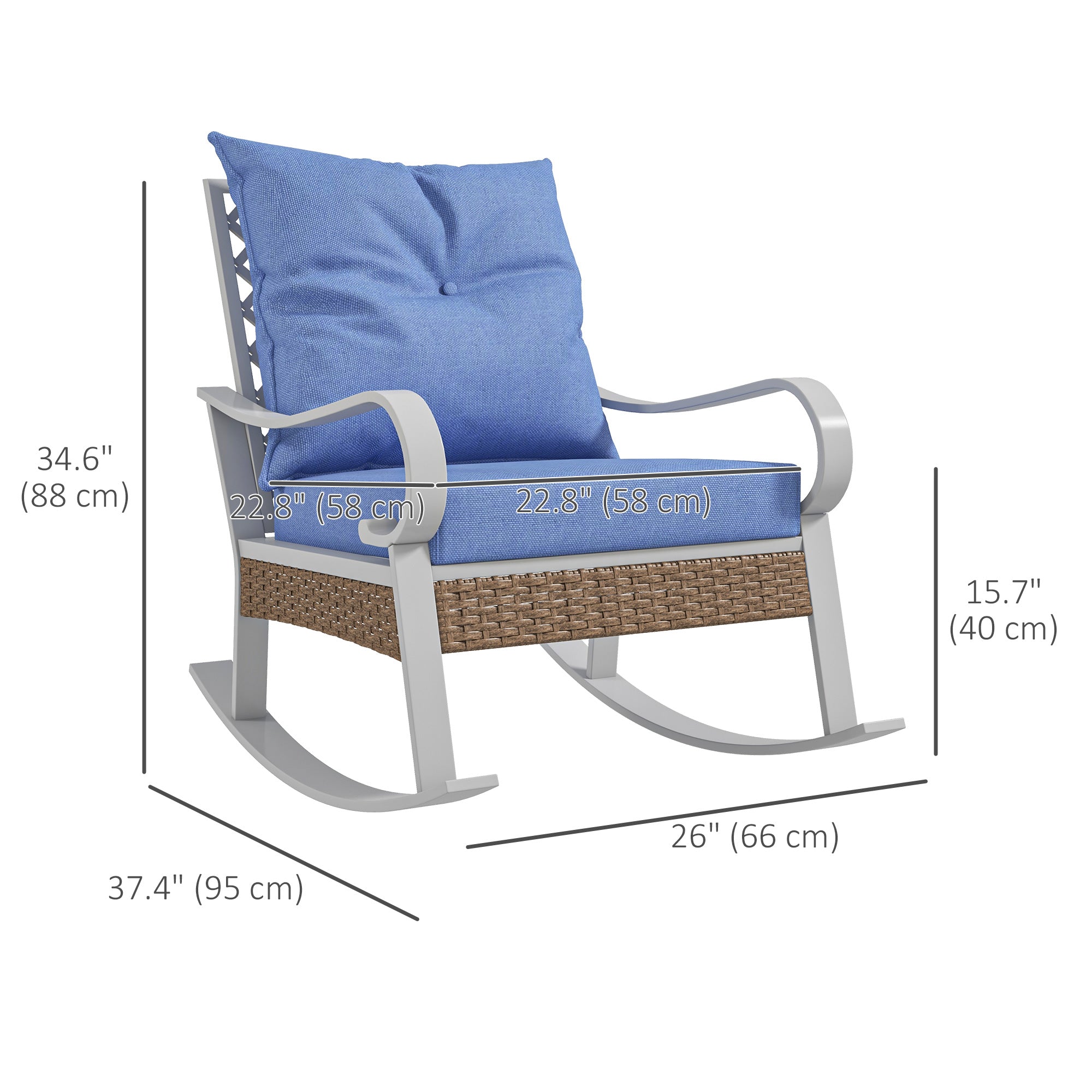Outsunny Rattan Relaxation: Outdoor Rocking Chair with Plush Cushion, Wide Seat, Inclined Back for Garden, Balcony, Light Blue Finish 