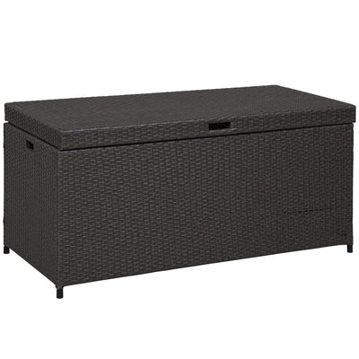 Outsunny Outdoor Storage Box Wicker Patio Deck Bin Rattan Foot Stool w/Steel Frame Large Capacity Rectangle Coffee Table w/Handle 