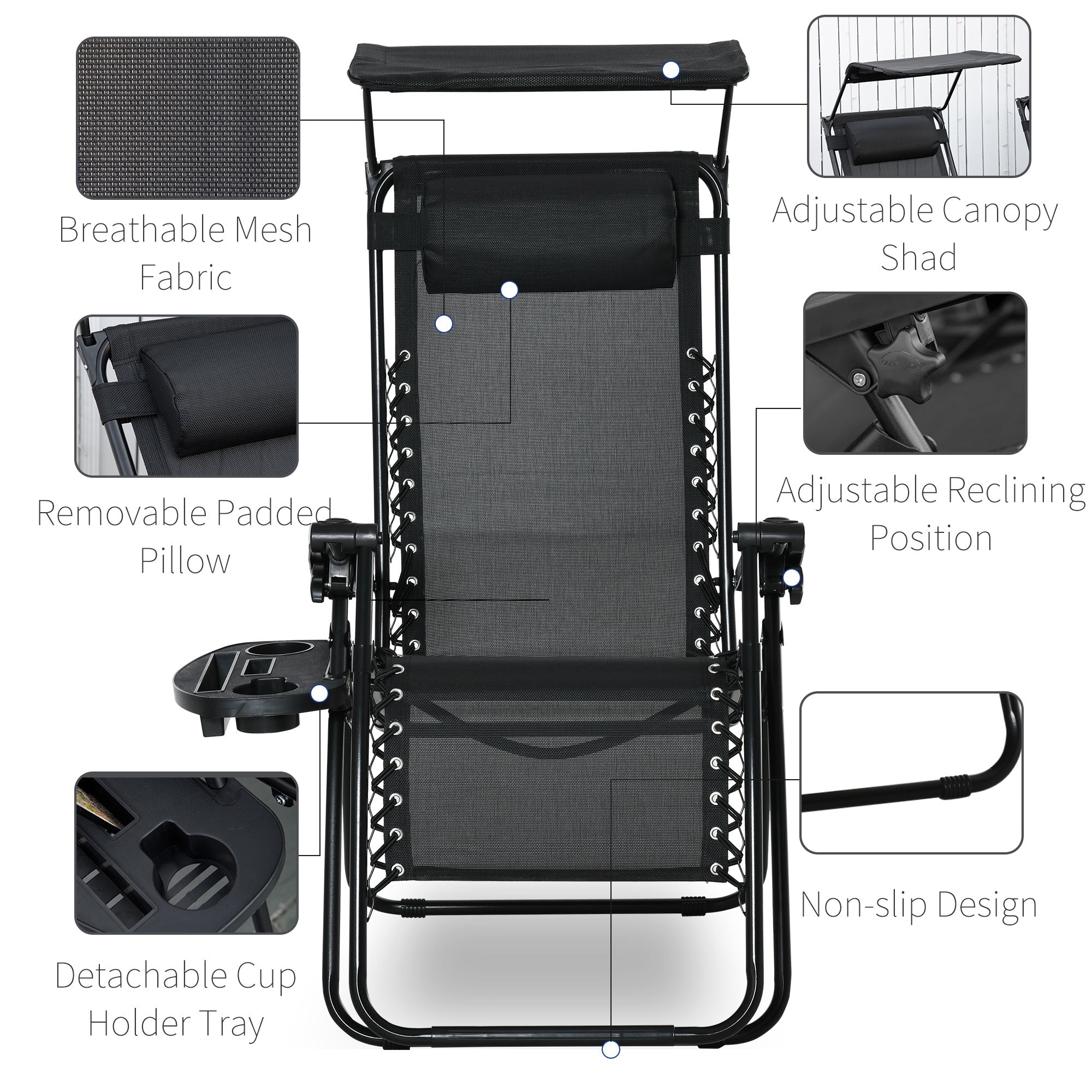 Outsunny Zero Gravity Chair 2pc Adjustable Patio Lounge Recliner with Cup Holder Canopy Shade Black 